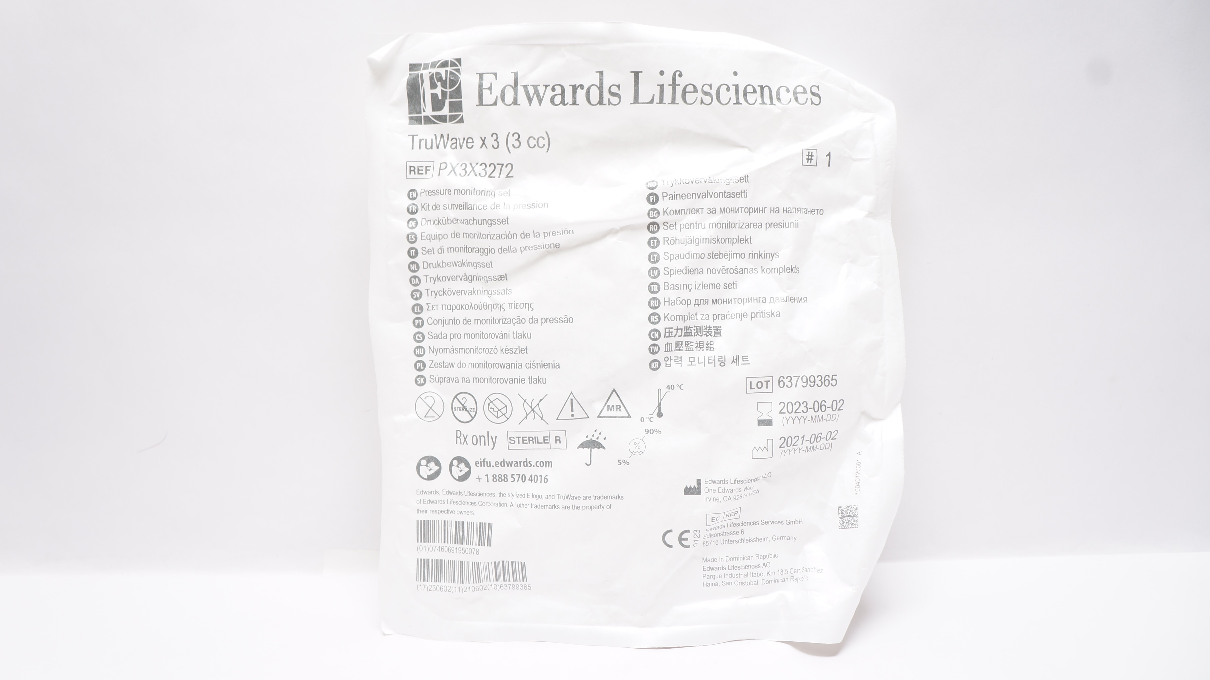 Edwards Lifesciences PX3X3272 Pressure Monitoring Set TruWave x 3cc