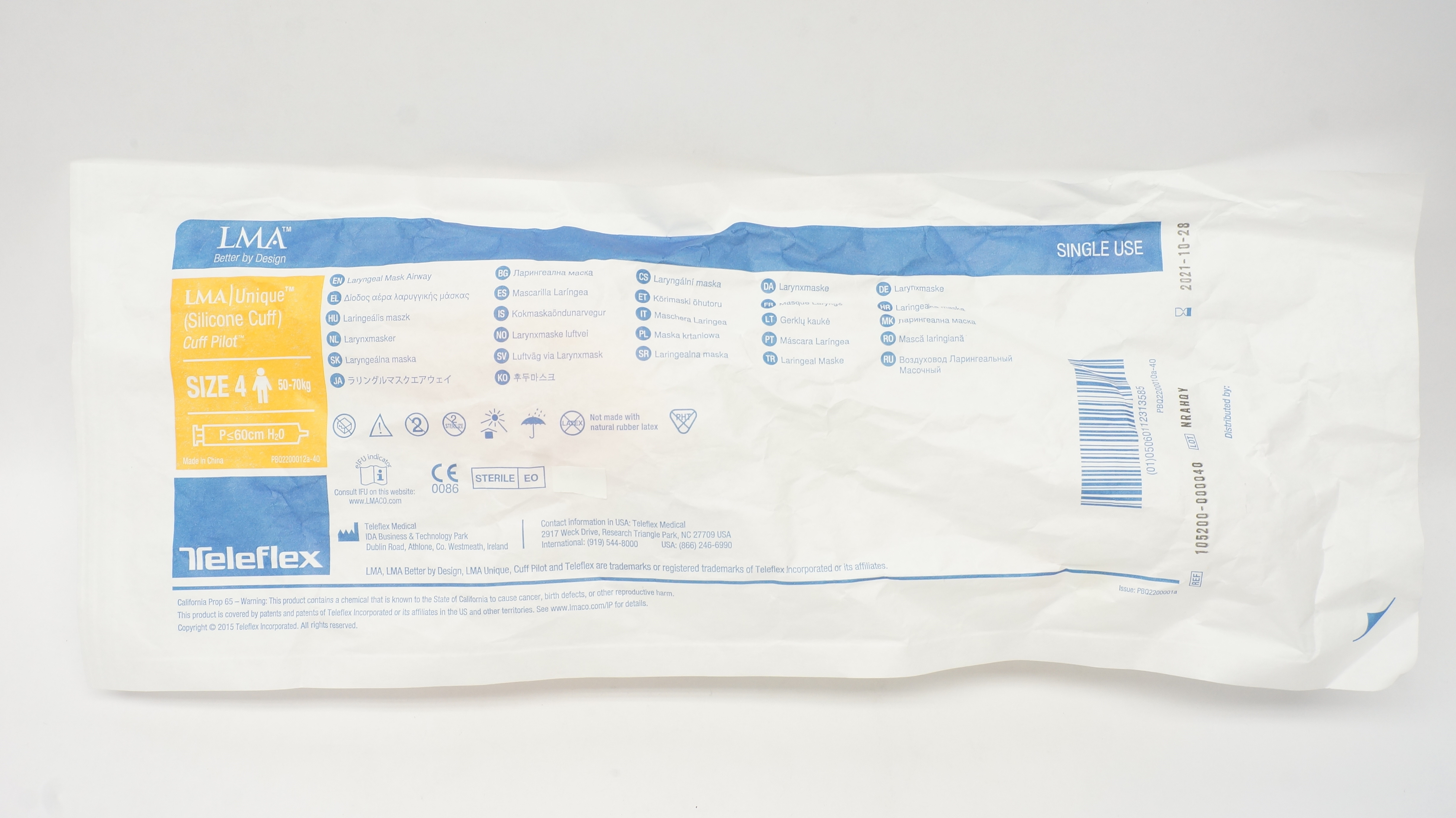 Teleflex 105200-000040 LMA Unique Cuff Pilot Laryngeal Mask Size 4, 50-70kg (x)