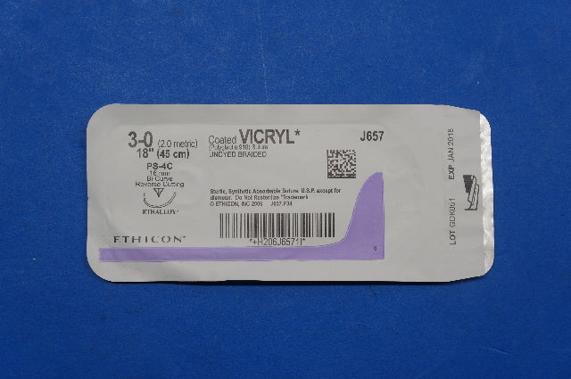 Ethicon J657 3-0 VICRYL, PS-4C 16mm Bi-Curve Reverse Cutting, Undyed Braided,18