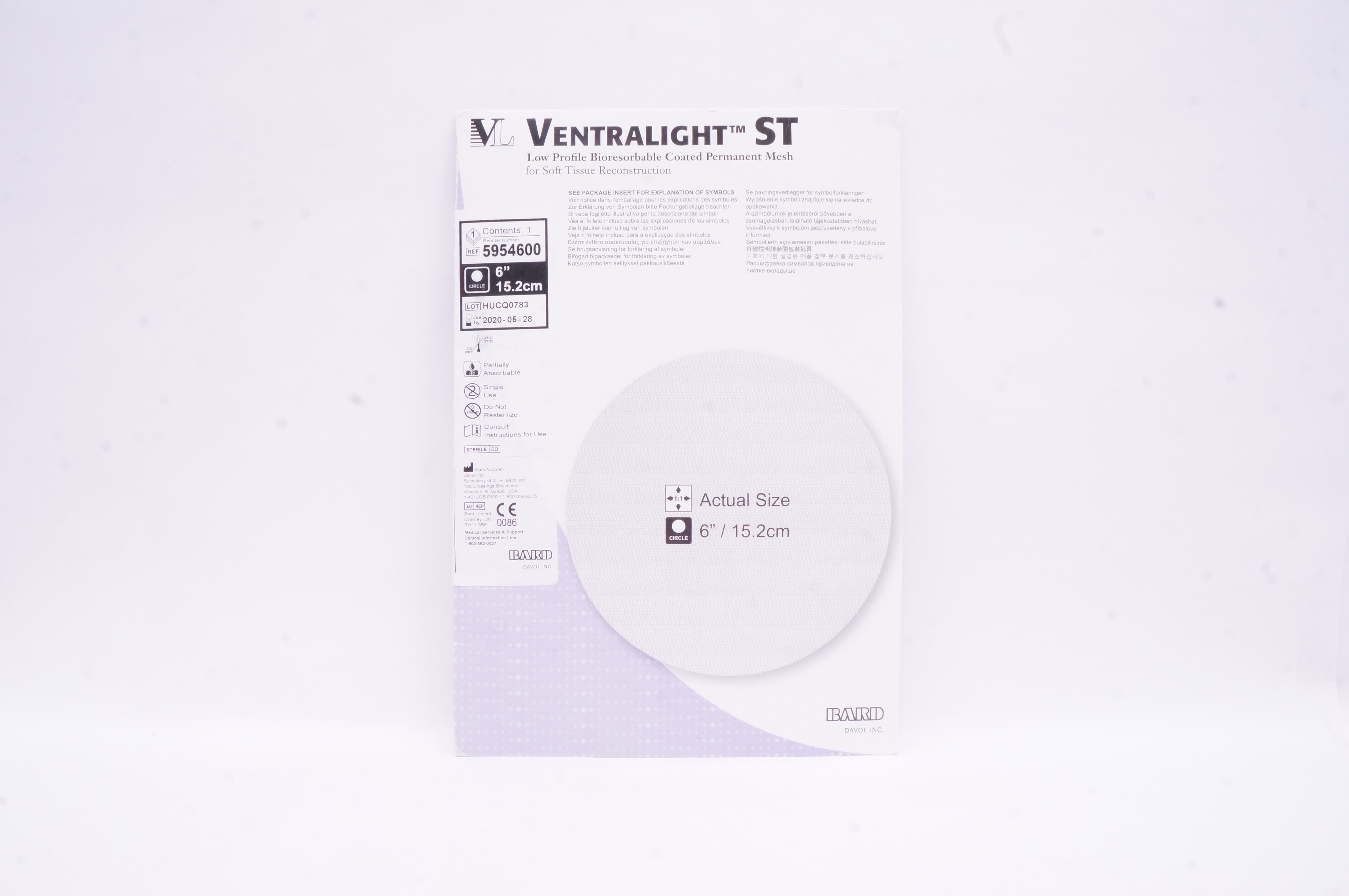 Bard 5954600 Ventralight ST Low Profile Bioresorbable Coated Mesh 6inch (x)