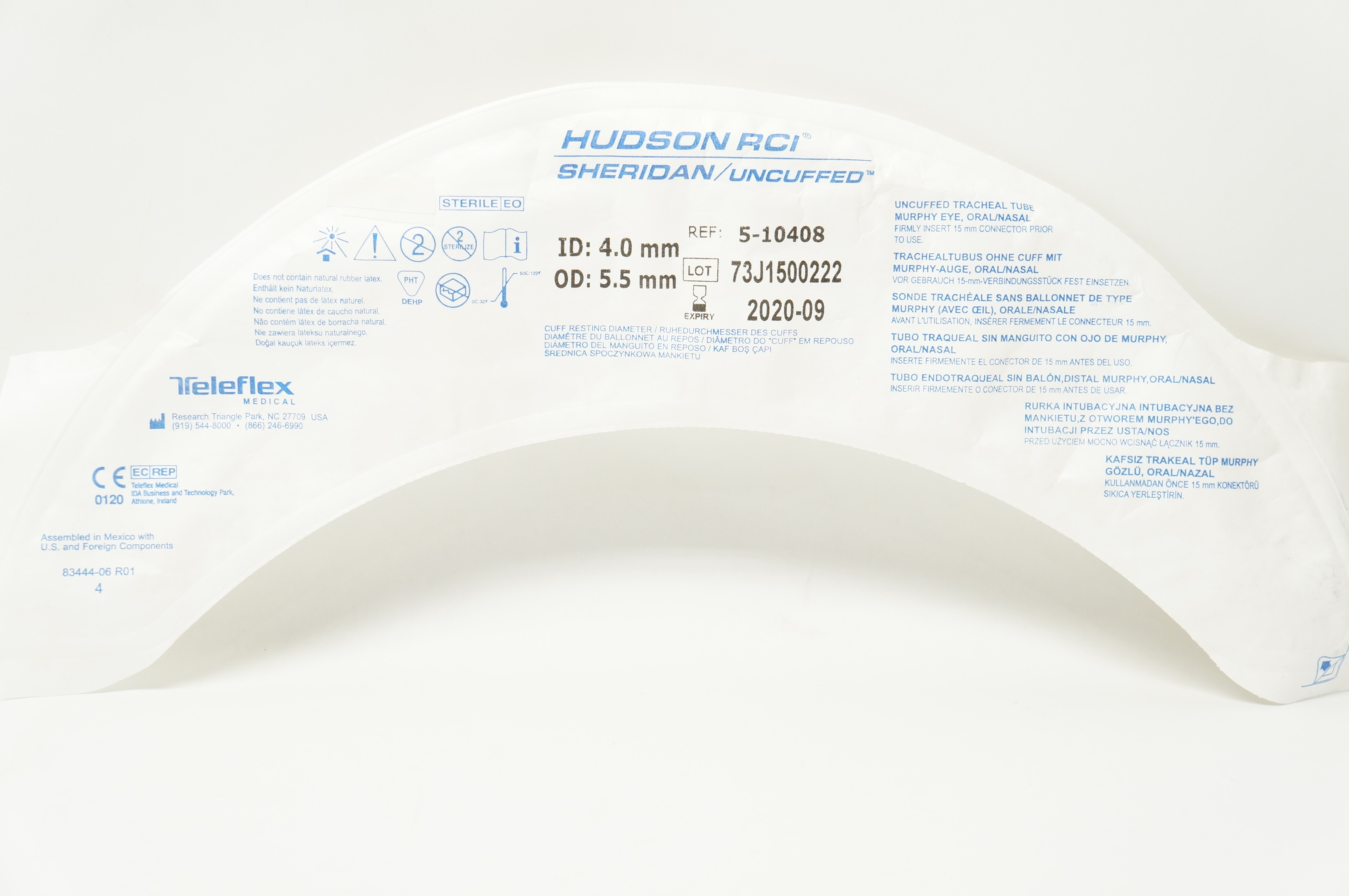 Teleflex 5-10408 Hudson RCI Sheridan Uncuffed Tracheal Tube 4.0 ID x 5.5mm OD(x)