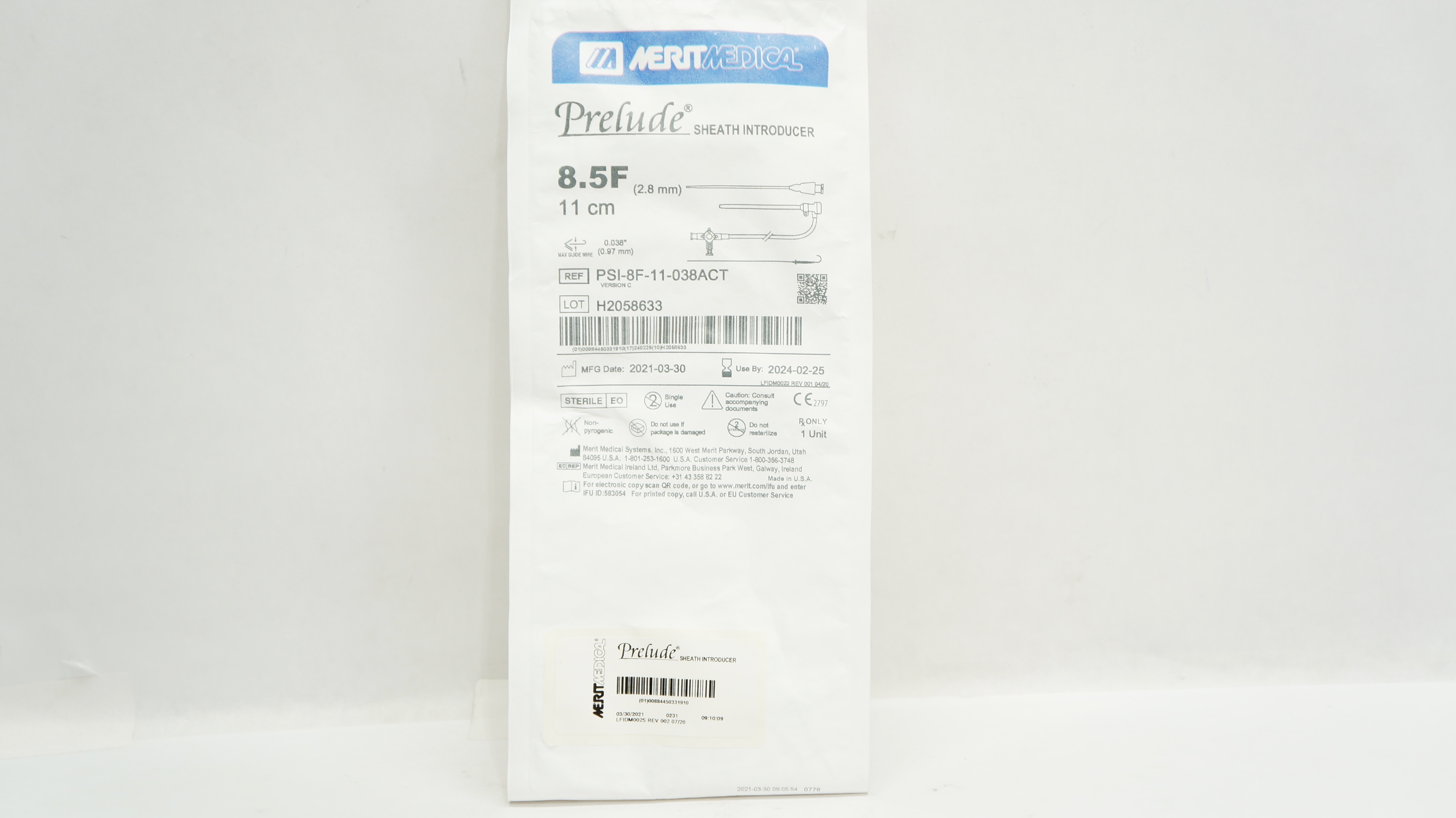 Merit Medical PSI-8F-11-038ACT Prelude Sheath Introducer 8.5F