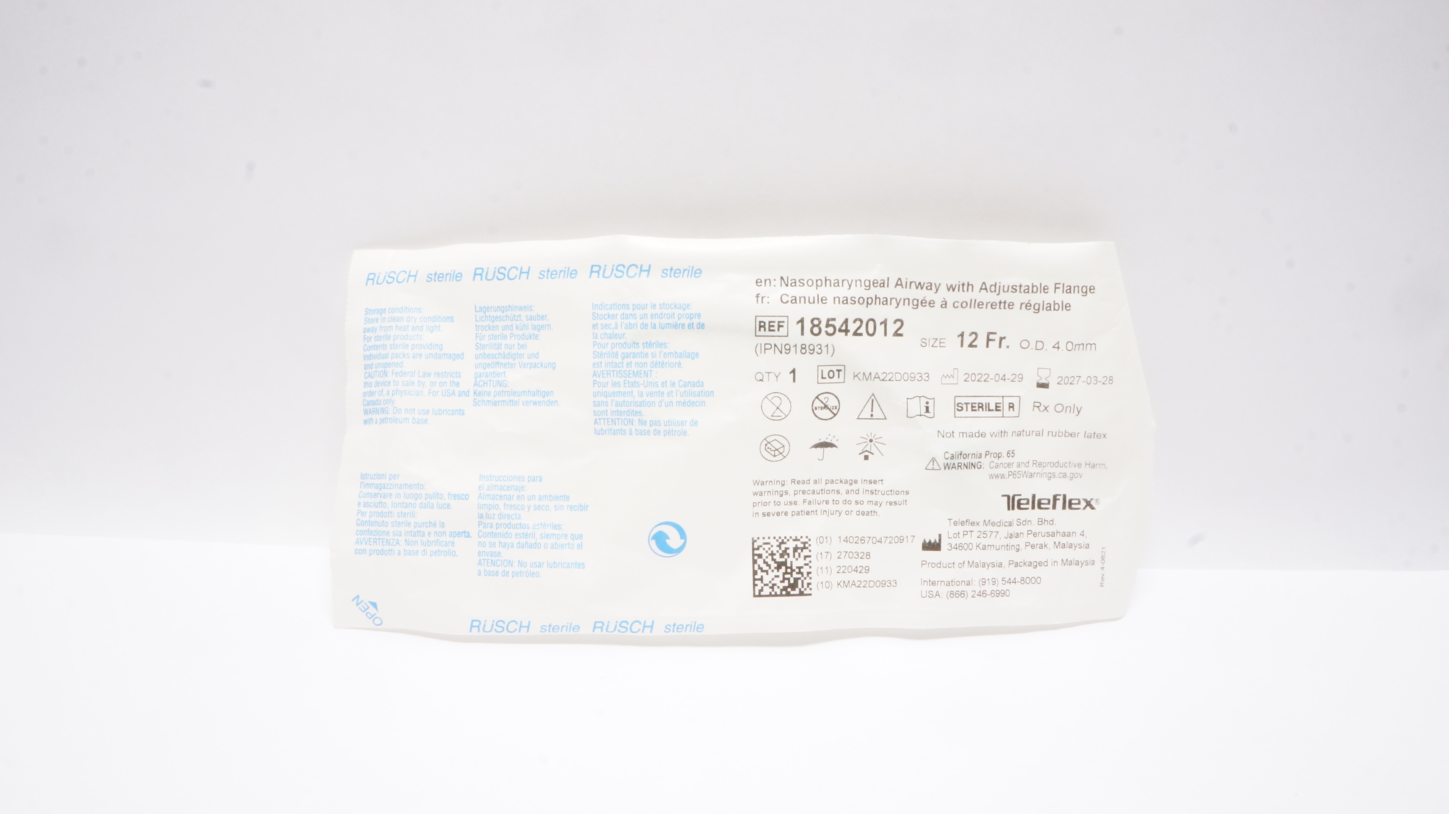 Teleflex 18542012 Rusch Nasopharyngeal Airway w/Adjustable Flange 12Fr x 4.0mmOD