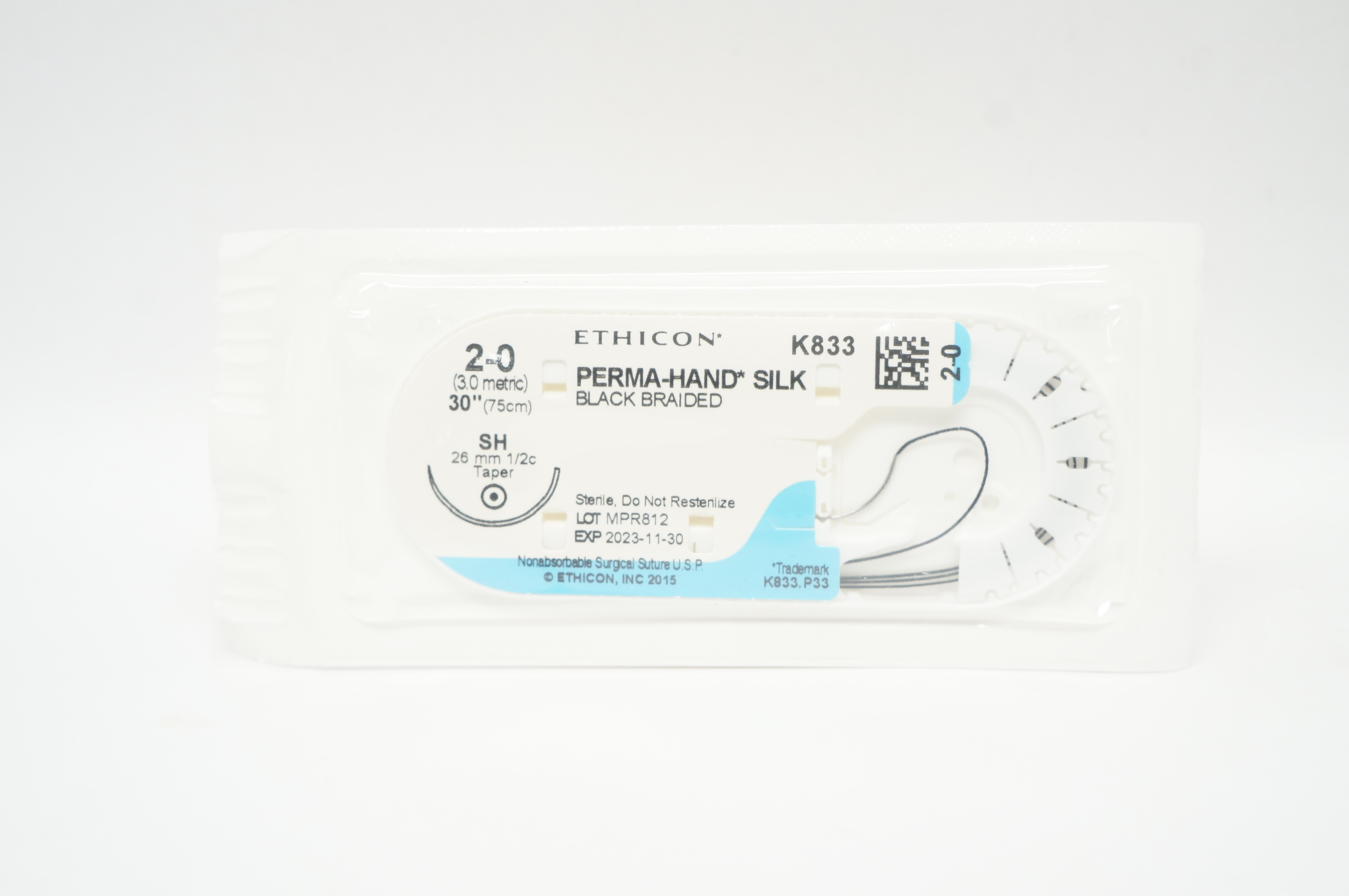 Ethicon K833 2-0 PERMA-HAND SILK Stre, SH 26mm 1/2c Taper, 30inch