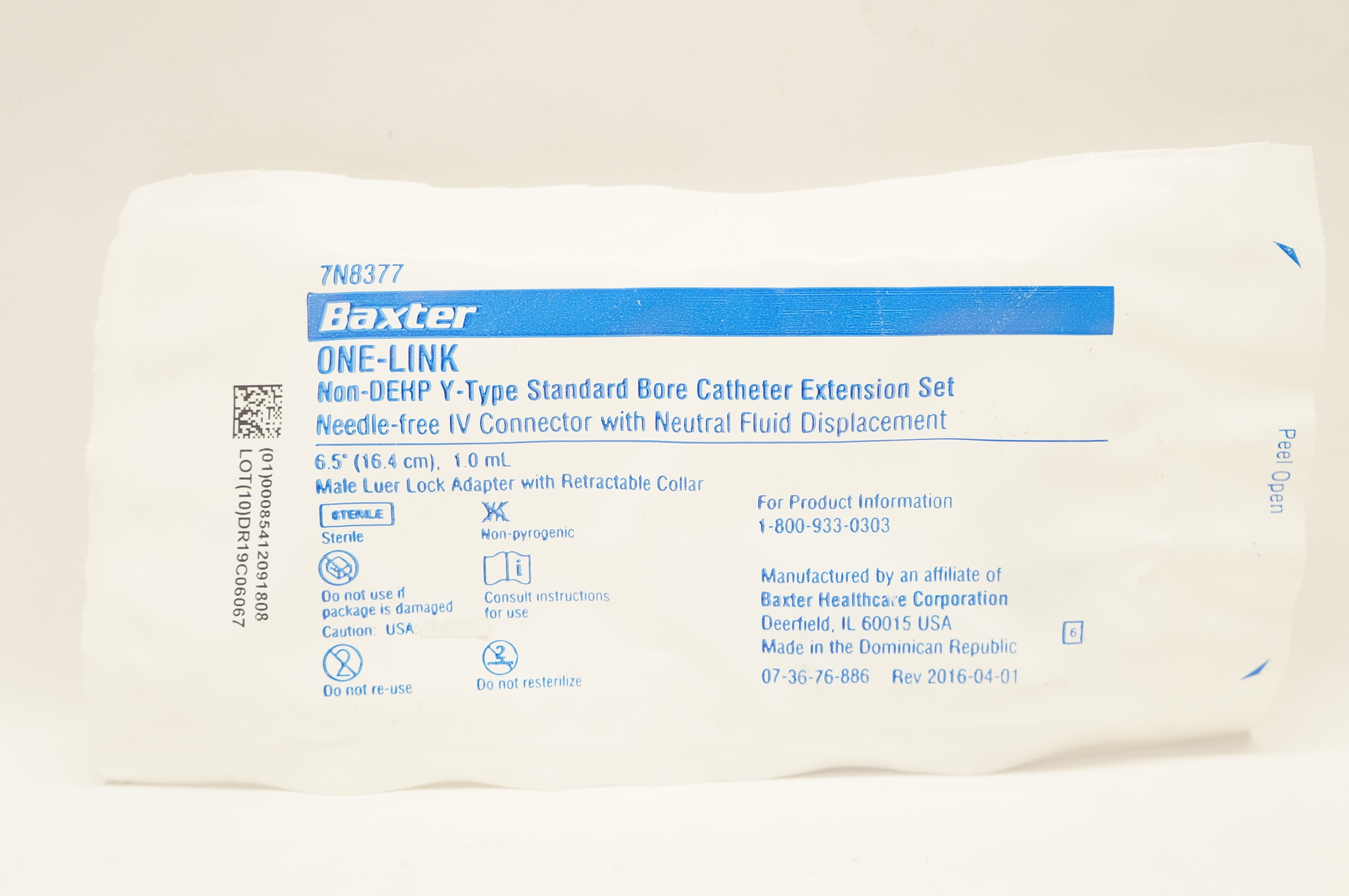 Baxter 7N8377 One-Link Non-DEHP Y-Type Bore Cath. Extension Set 6.5inch x 1.0mL