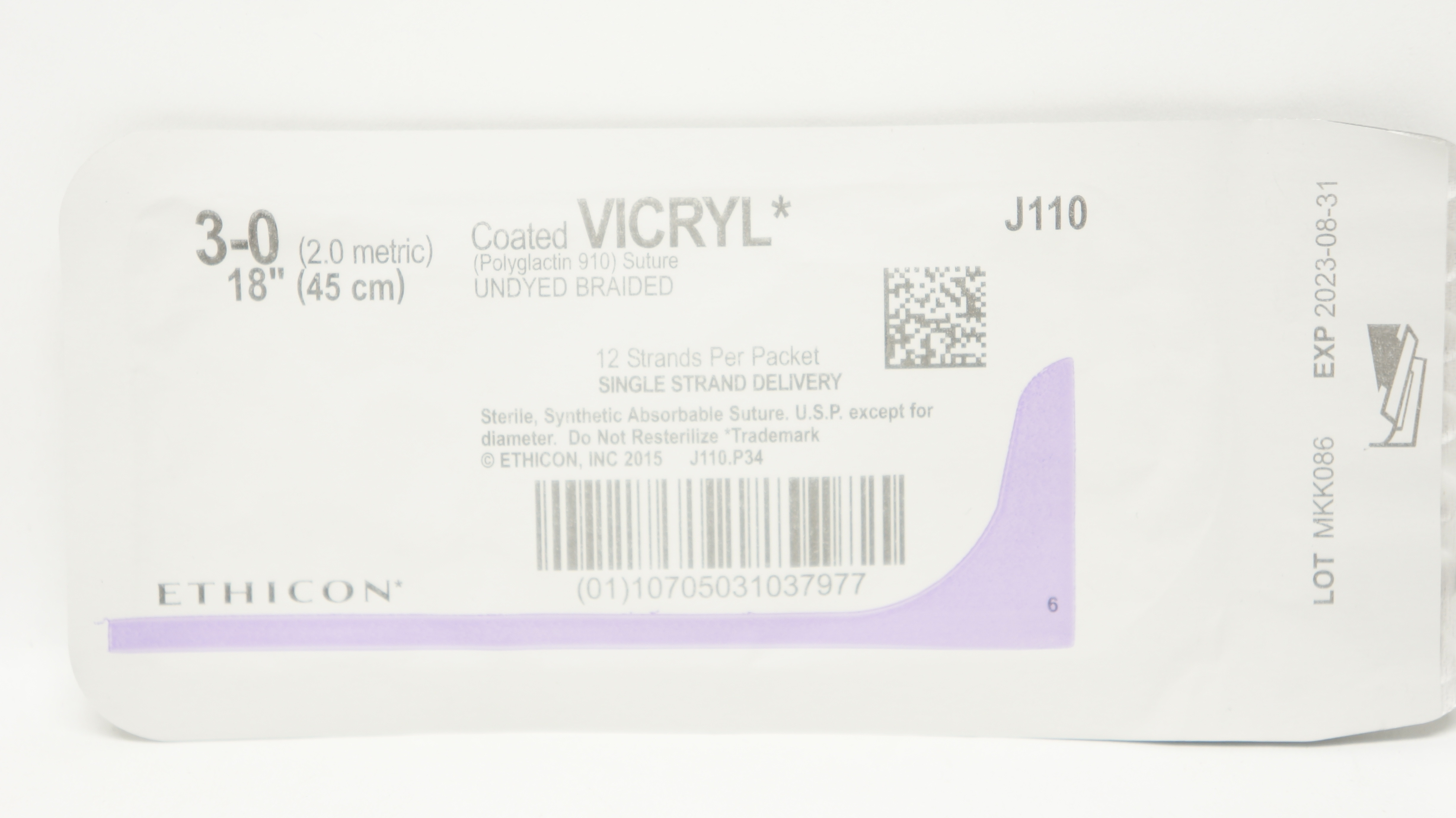 Ethicon J110 3-0 Coated VICRYL Polyglactin 910 Stre, 18 inch 12 Strands
