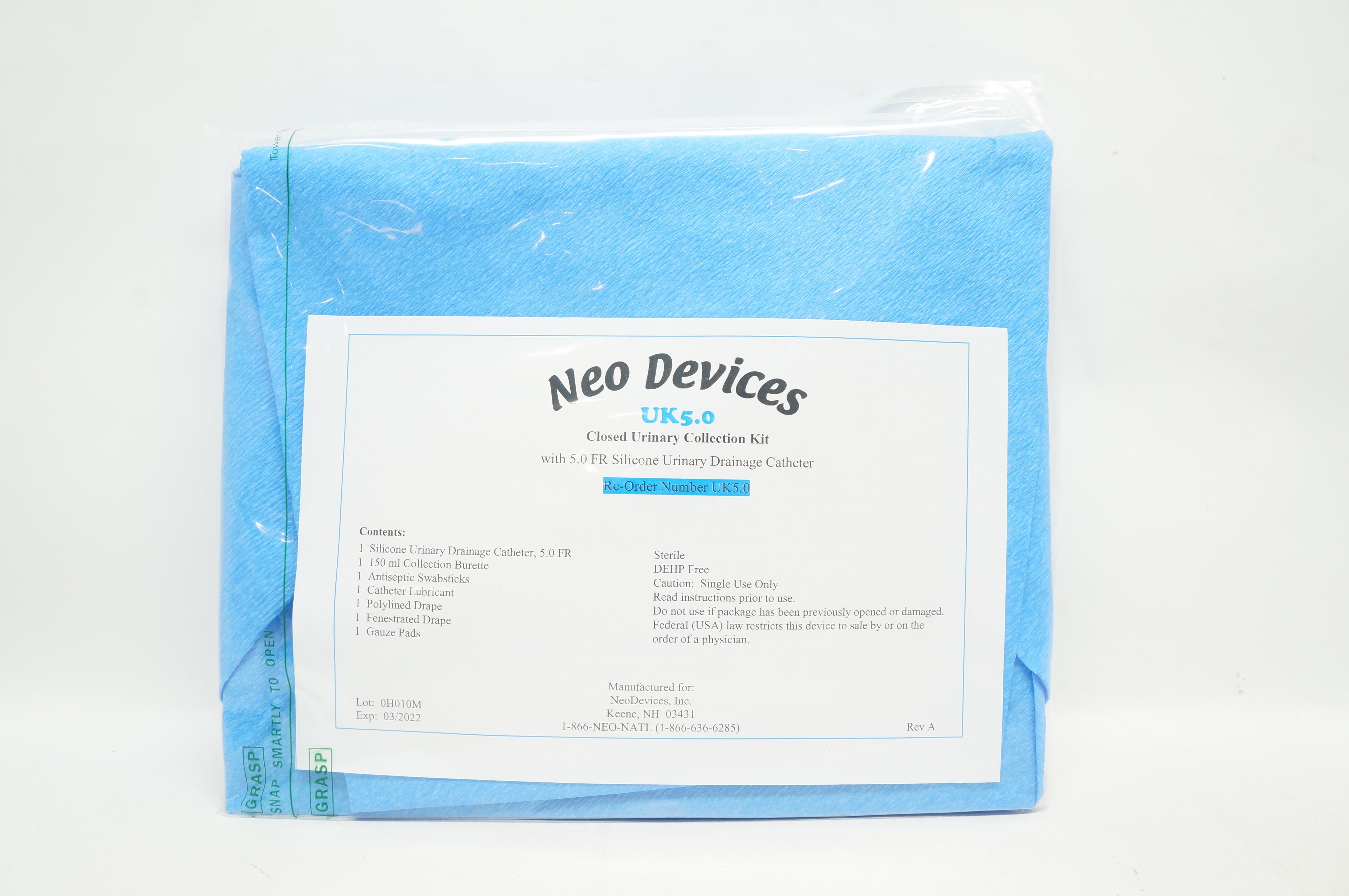 Neo Devices UK5.0 Closed Urinary Collection Kit With 5.0 Fr Drainage Cath.