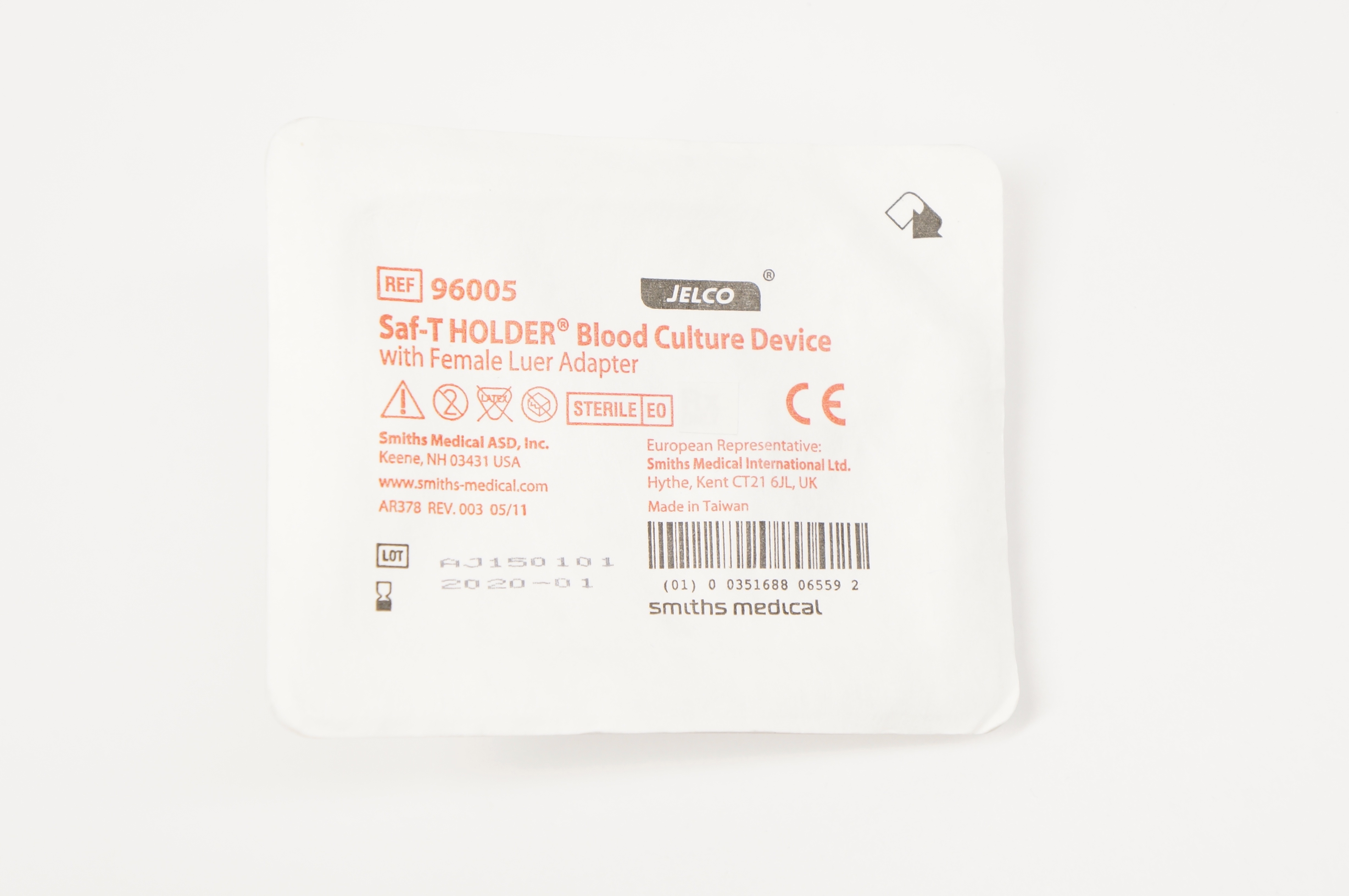 Smiths 96005 Jelco Saf-T Holder Blood Culture Device with Female Luer Adapter(x)