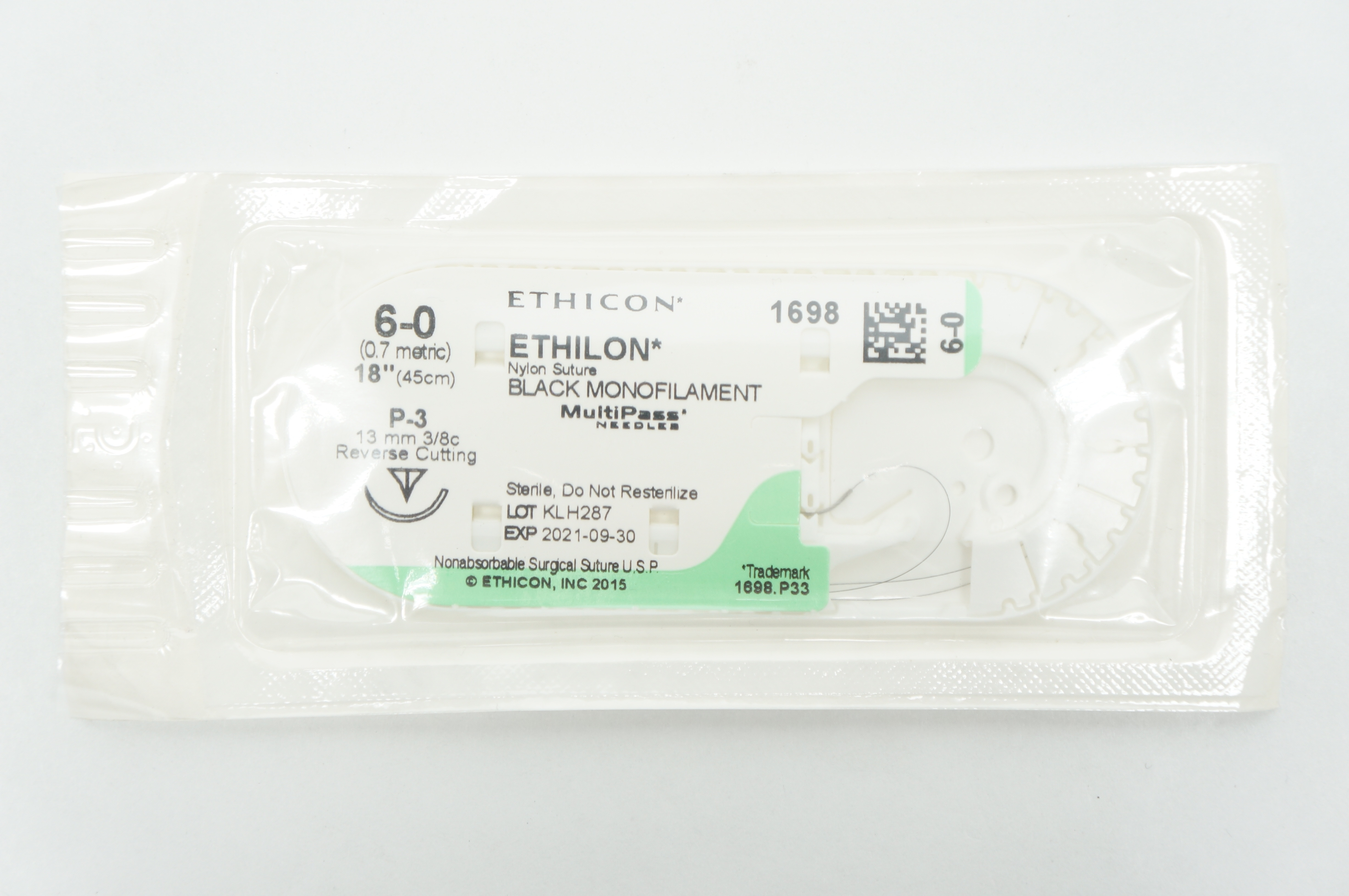 Ethicon 1698 6-0 ETHILON, P-3, 13mm 3/8c Reverse Cutting, 18inch