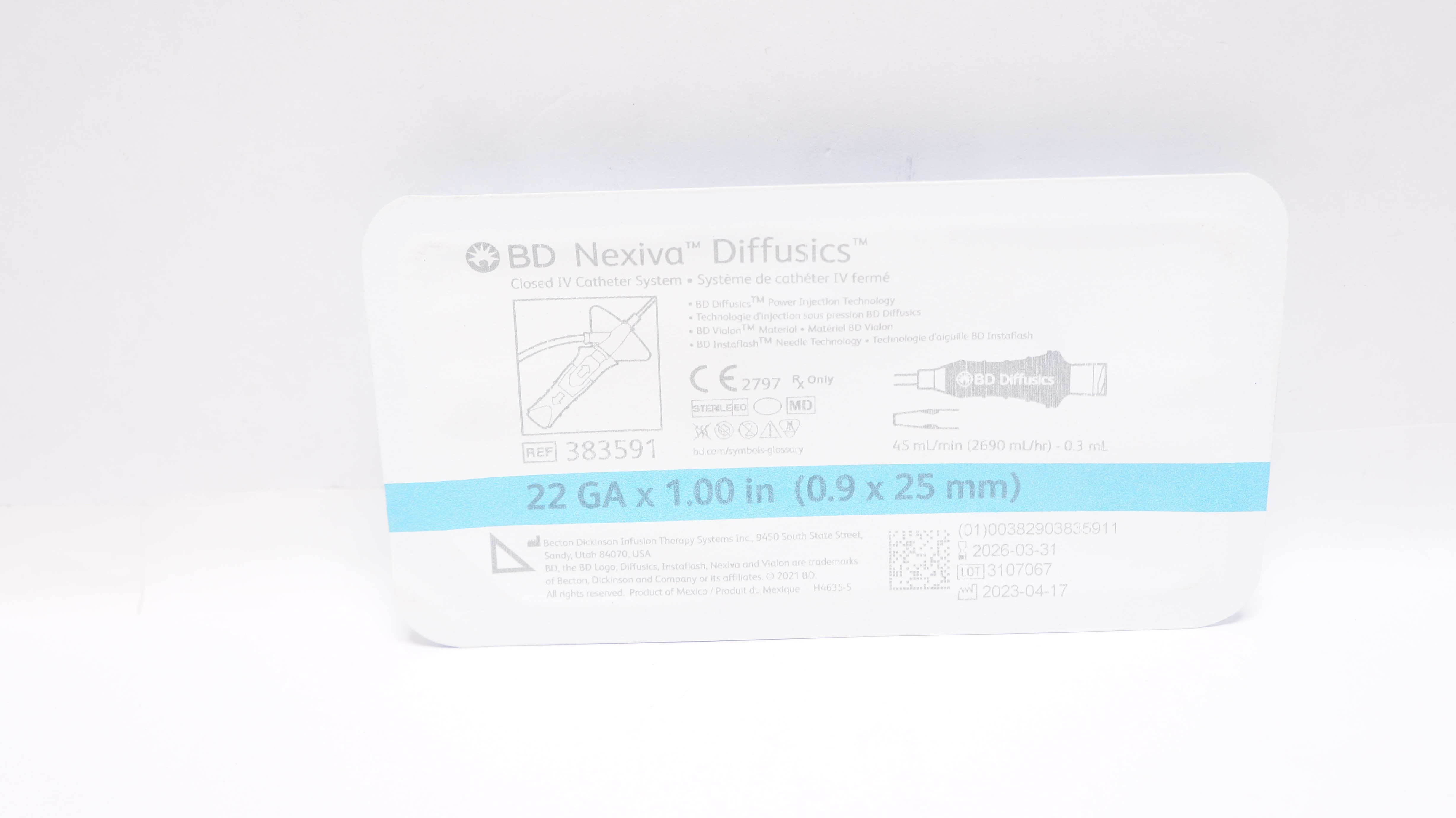 BD 383591 Nexiva Diffusics Closed IV Cath. System 22Ga x 1.00inch 45mL/min