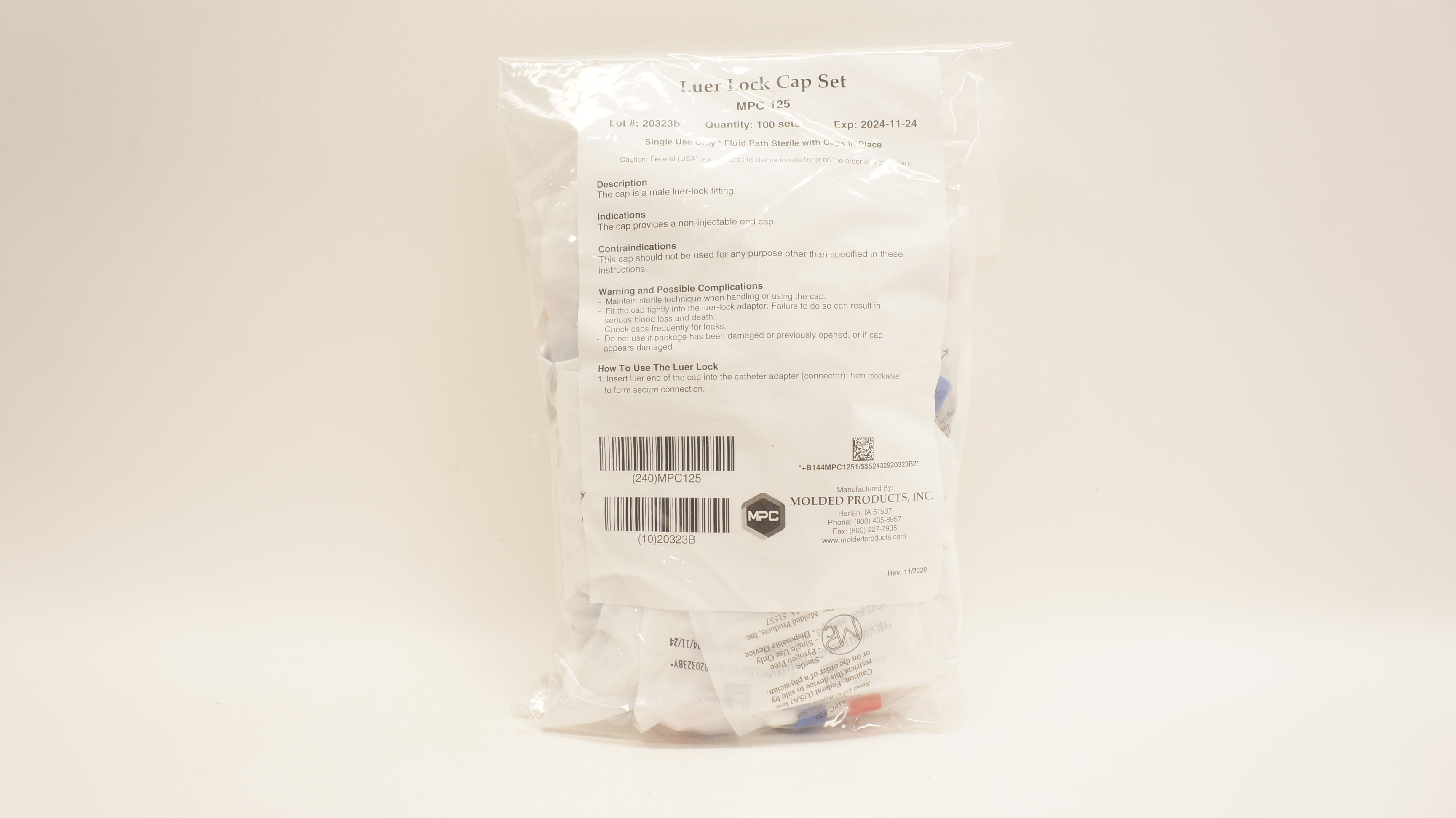 Molded Products MPC-125 Luer Lock Cap Set - Pack of 100