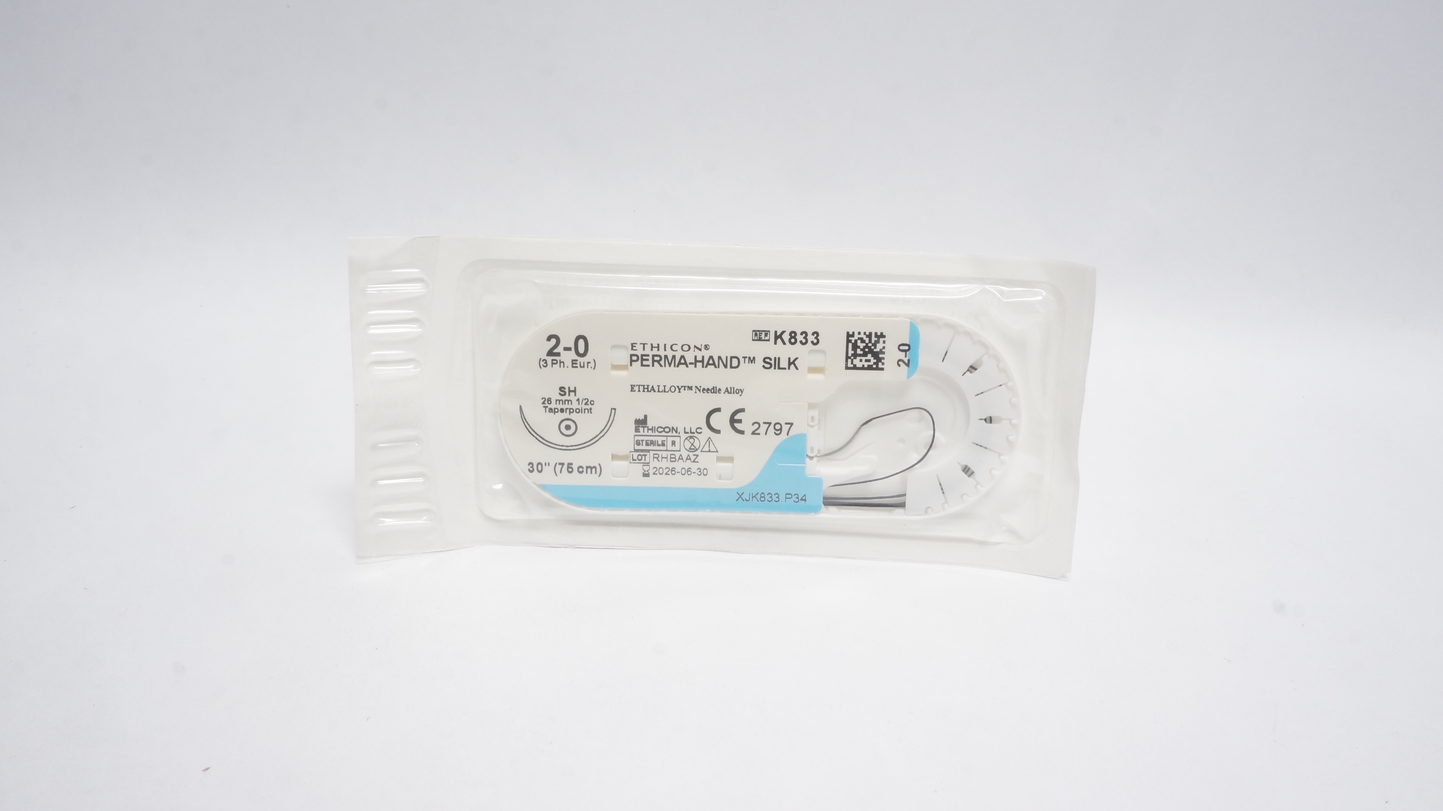Ethicon K833 2-0 PERMA-HAND SILK, SH, 26mm 1/2c Taper, 30in (x)