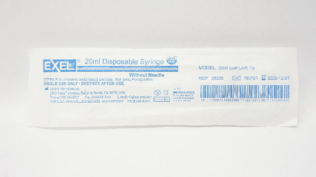 Exelint 26280 Disposable Syringe Without Ndle Luer Lock Tip 20ml