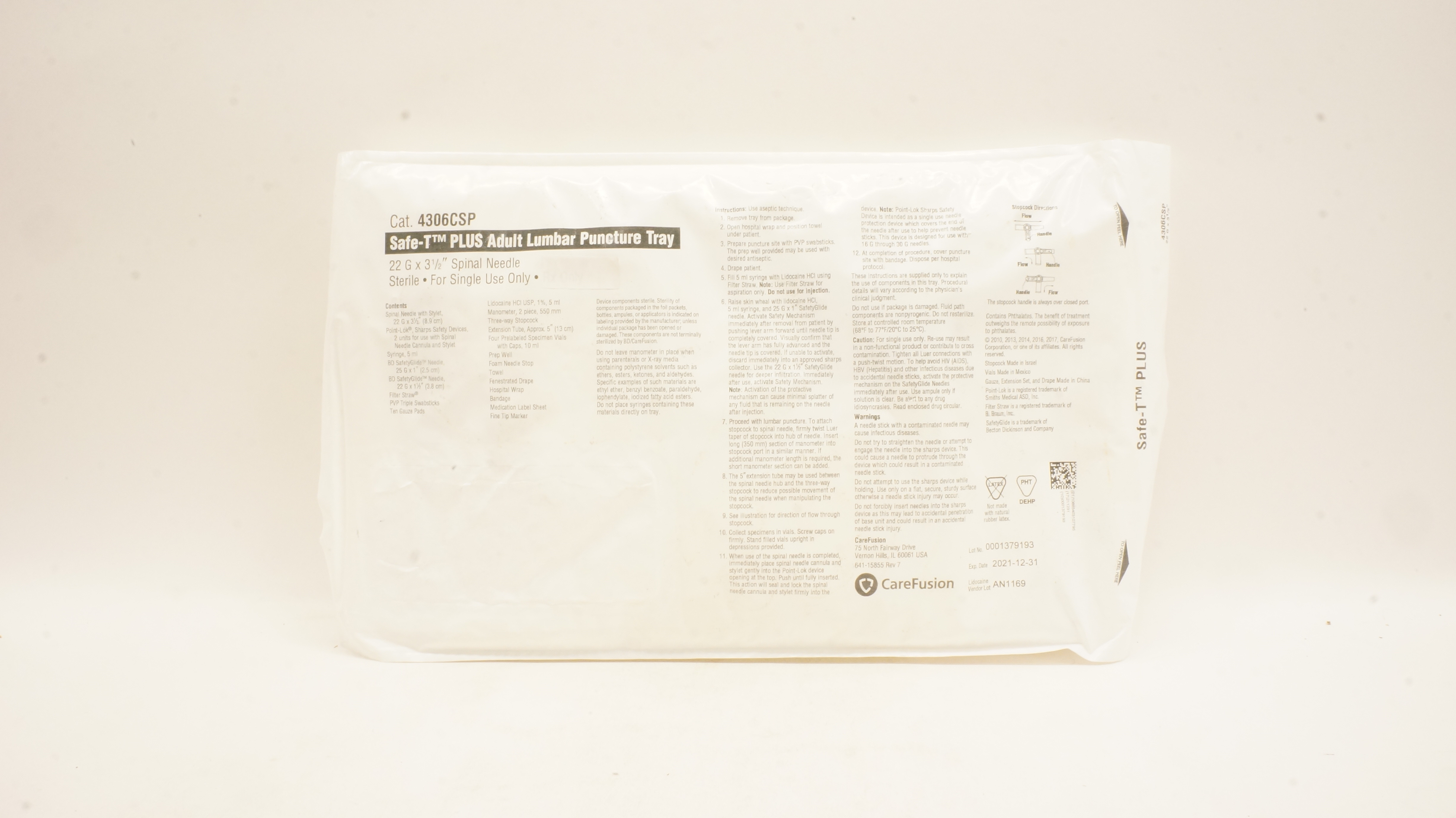 CareFusion 4306CSP Safe-T Plus Adult Lumbar Puncture Tray, Ndle 22G x 3-1/2 inch
