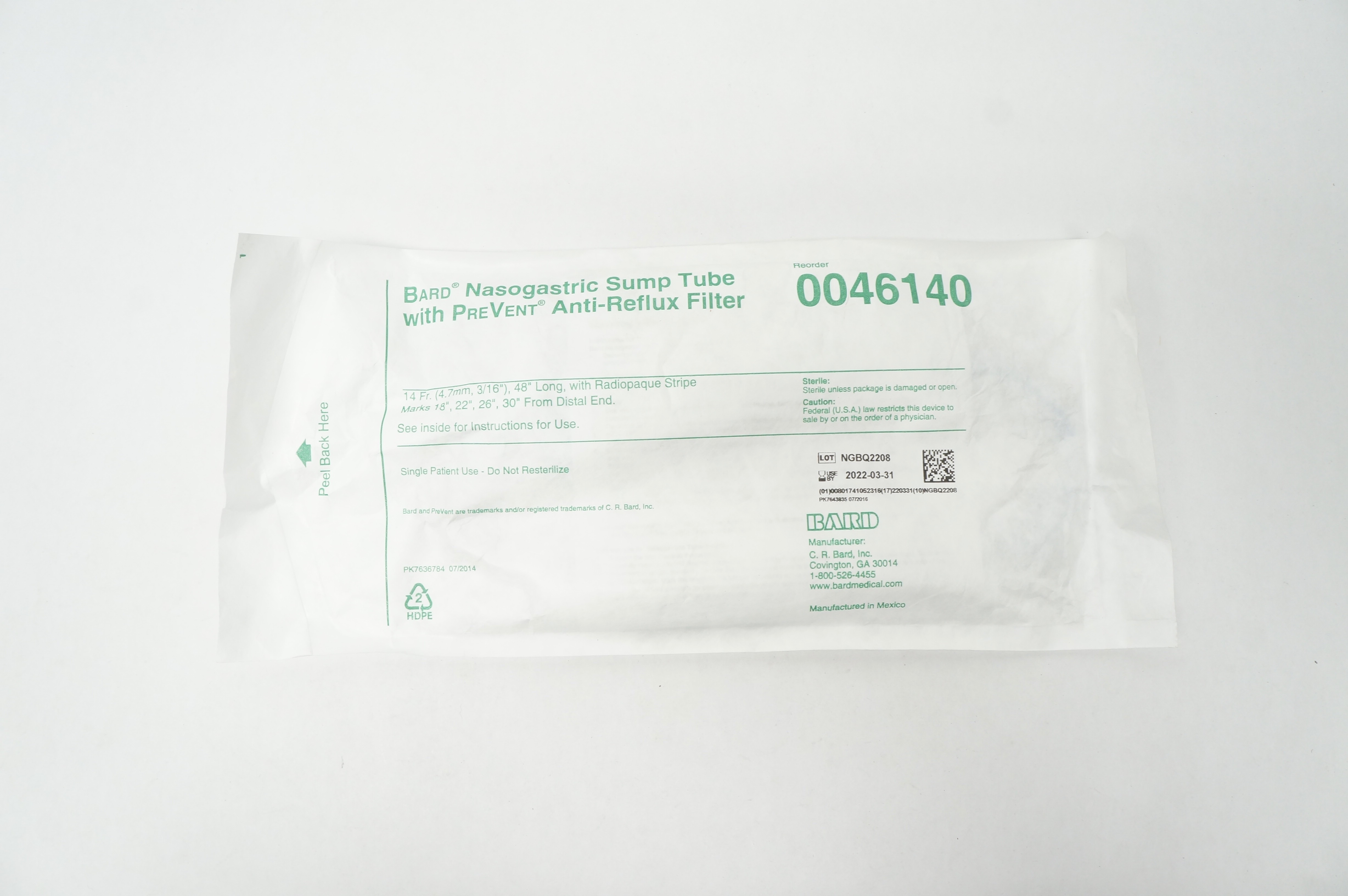 Bard 0046140 Nasogastric Sump Tube with PreVent Anti-Reflux Filter 14Frx48in(x)