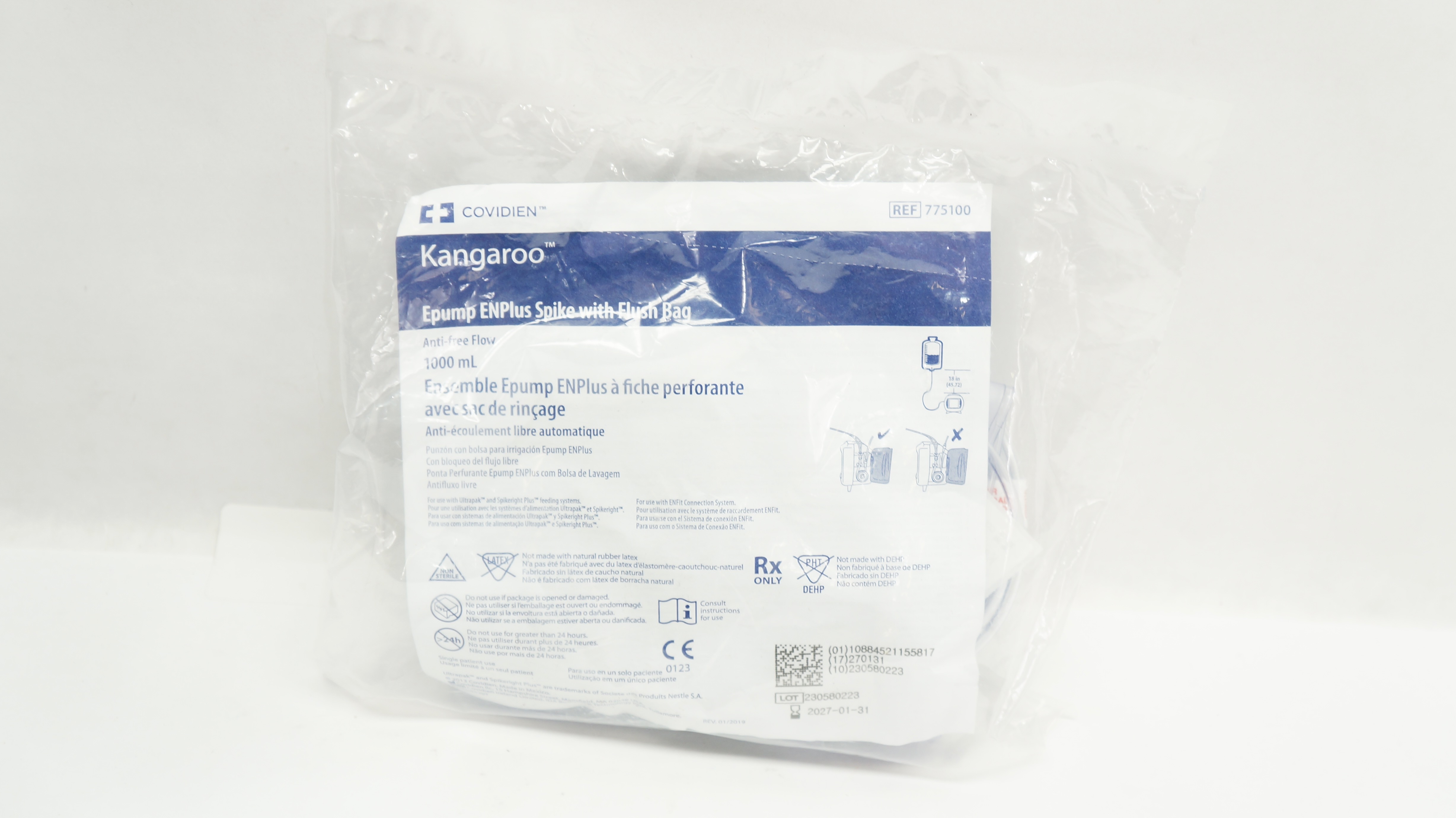 Covidien 775100 Kangaroo Epump ENPlus Spike with Flush Bag 1000mL