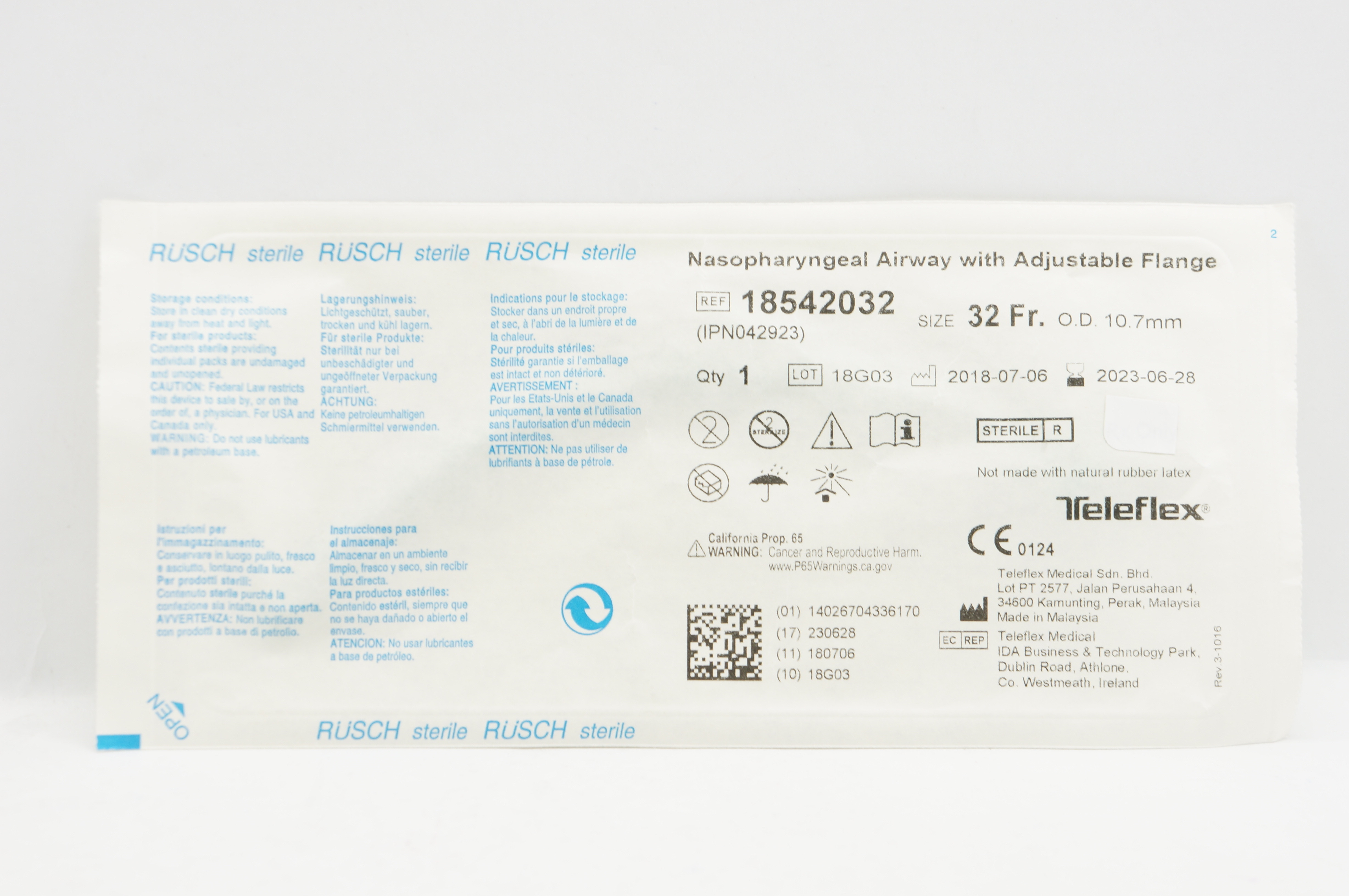 Teleflex 18542032 Nasopharyngeal Airway W/Adjustable Flange, Size 32Fr x 10.7mm