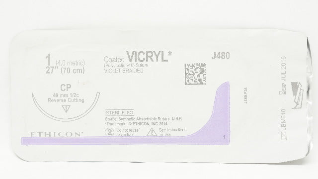 Ethicon J480 1 Coated VICRYL Stre CP 40mm 1/2c Reverse Cutting, 27 inch (x)