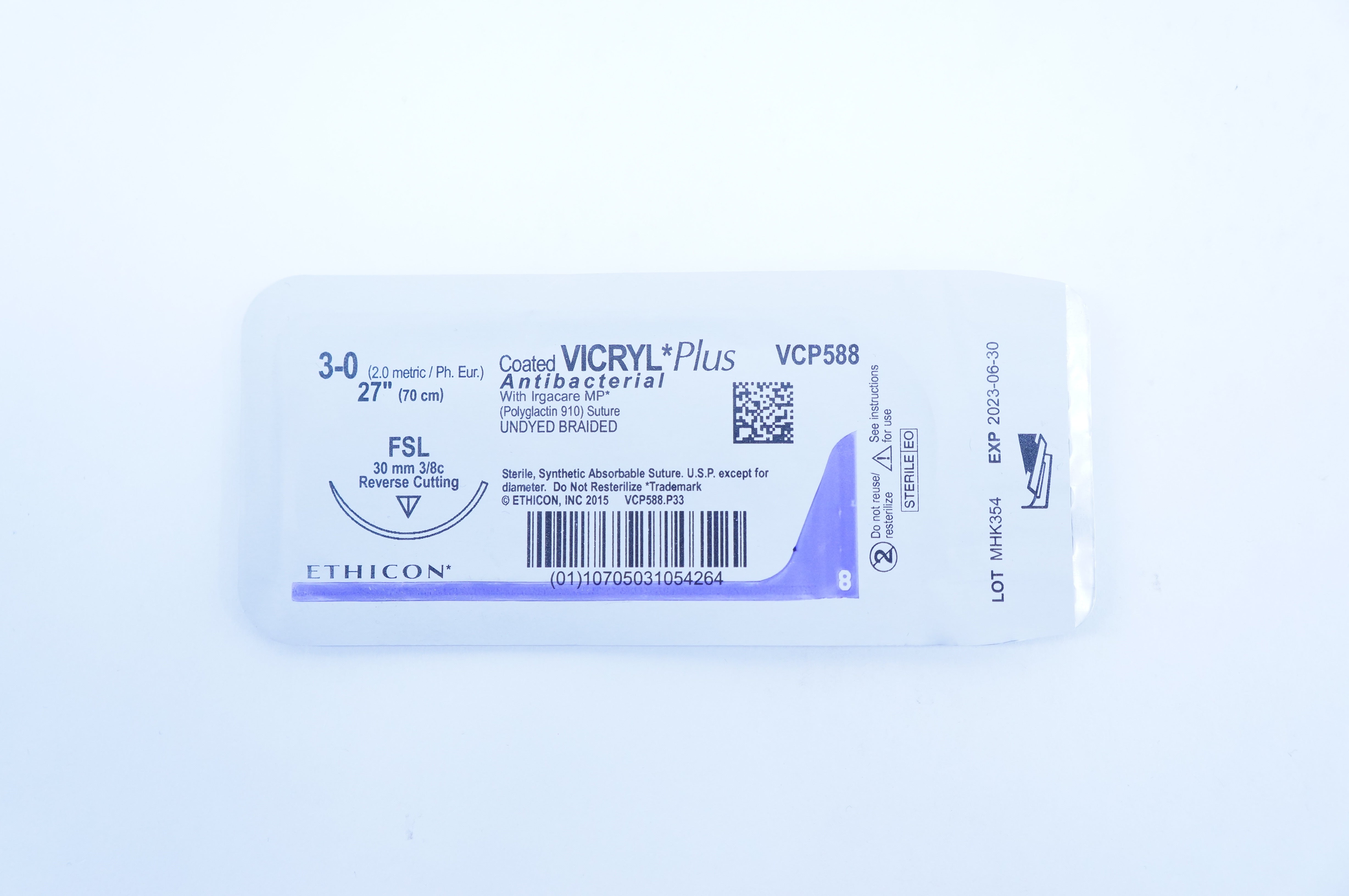 Ethicon VCP588 3-0 VICRYL Plus, FSL, 30mm 3/8c Reverse Cutting, 27inch