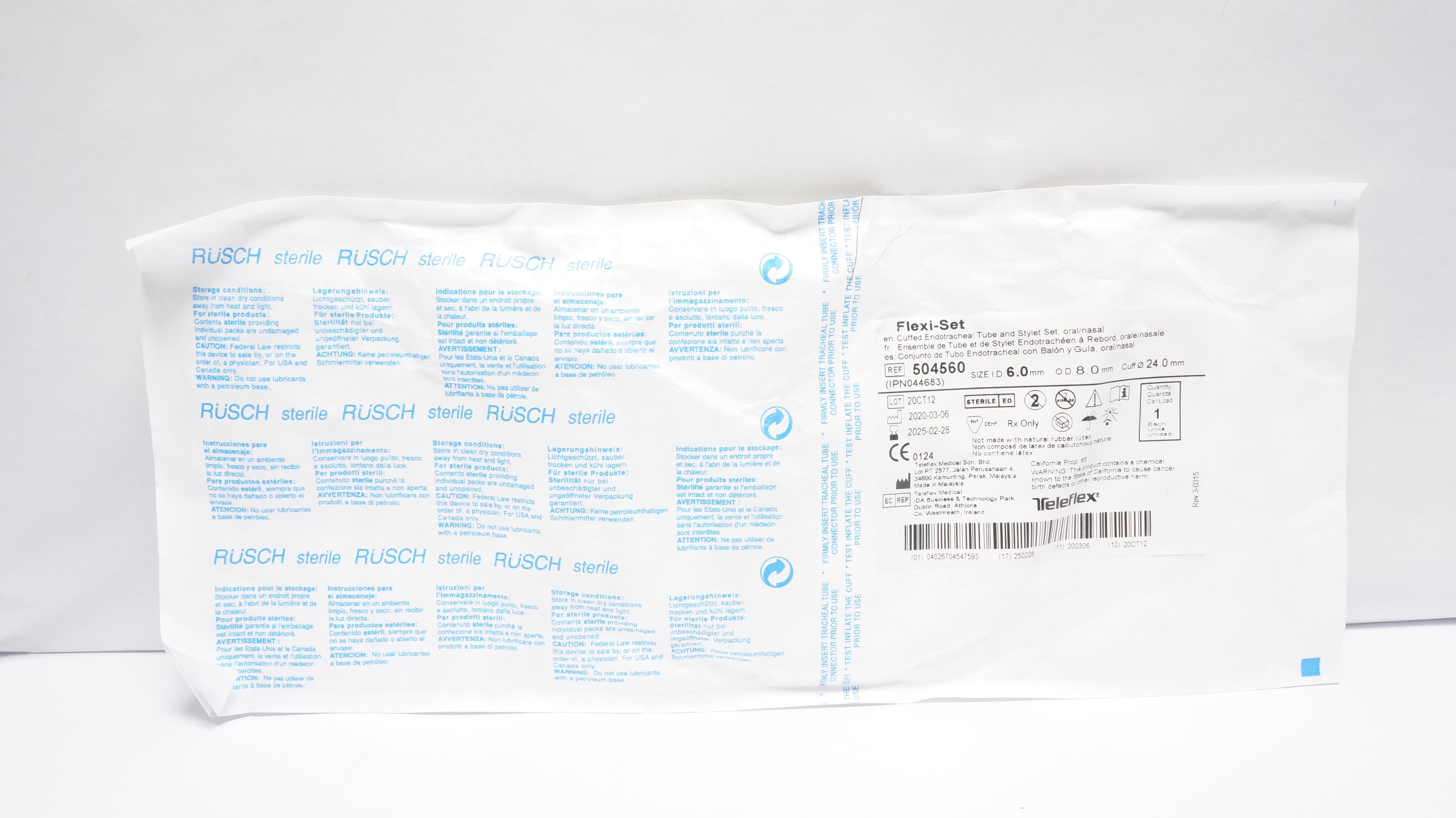 Teleflex 504560 Cuffed Endotracheal Tube Stylet Set 6 x 8.0 x 24mm (x)