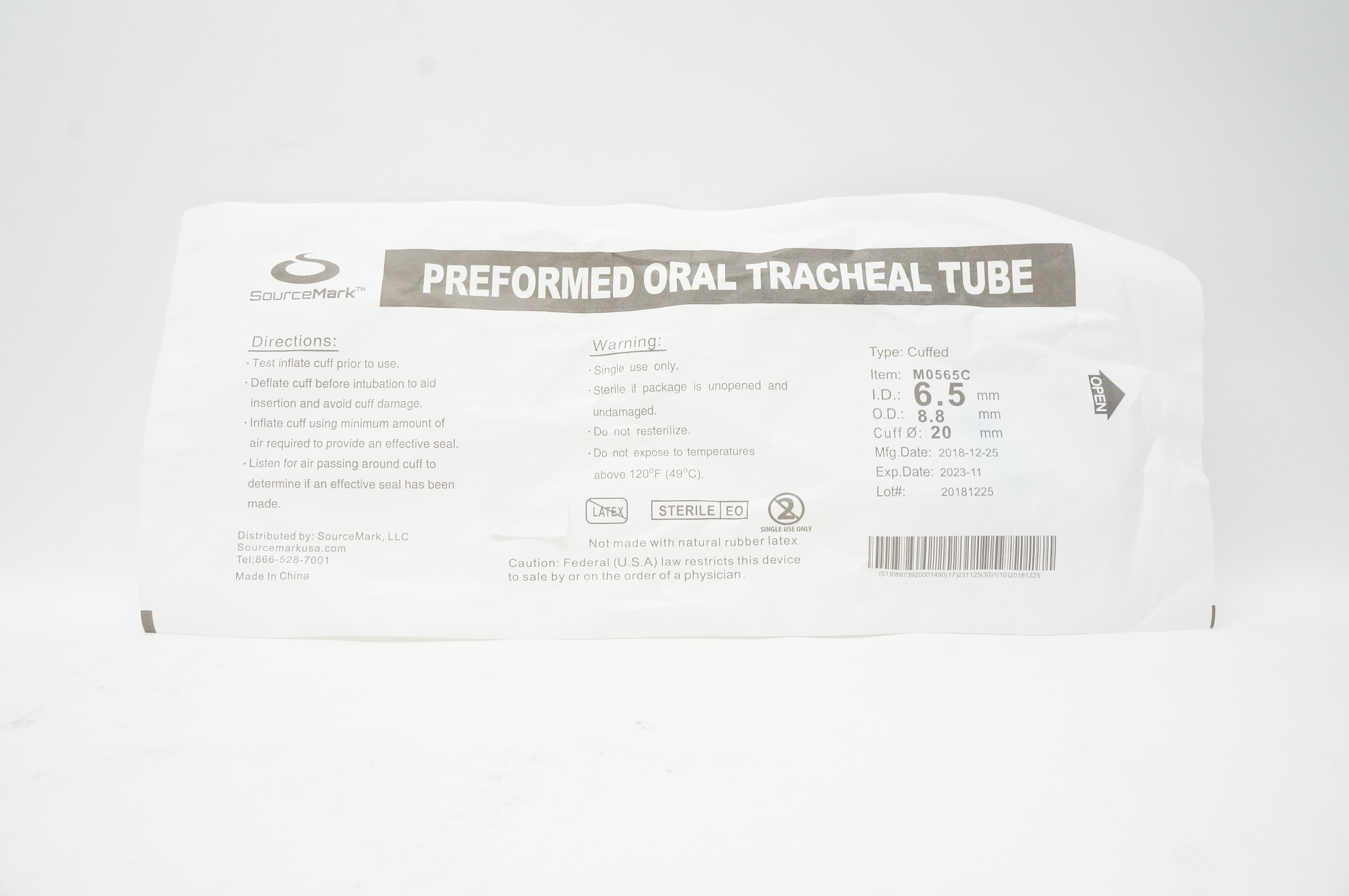 SourceMark M0565C Preformed Oral Tracheal Tube Cuffed 6.5mm x 8.8mm (x)