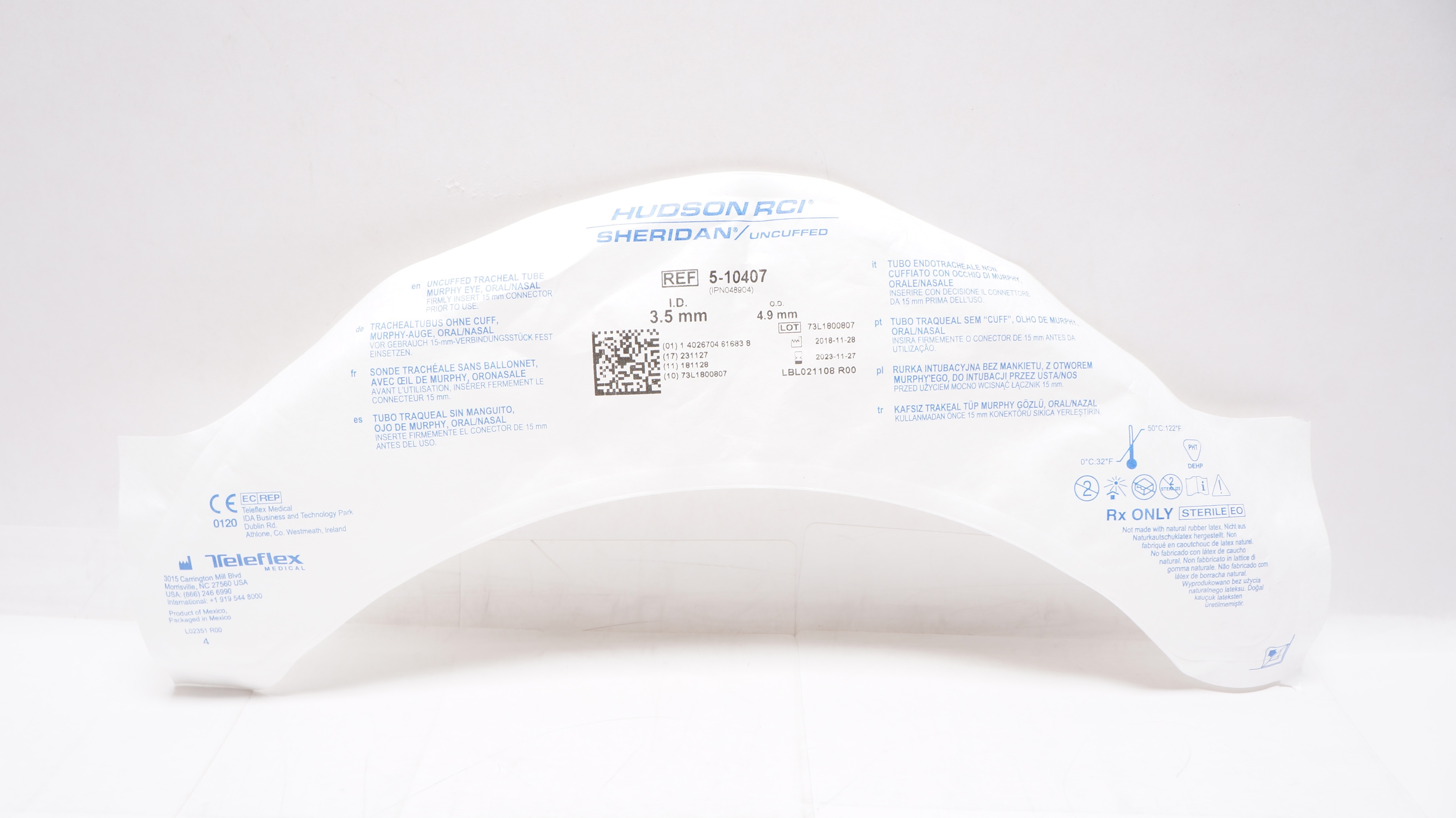 Teleflex 5-10407 Hudson RCI Sheridan Tracheal Tube Uncuffed 3.5 ID x 4.9mm OD(x)