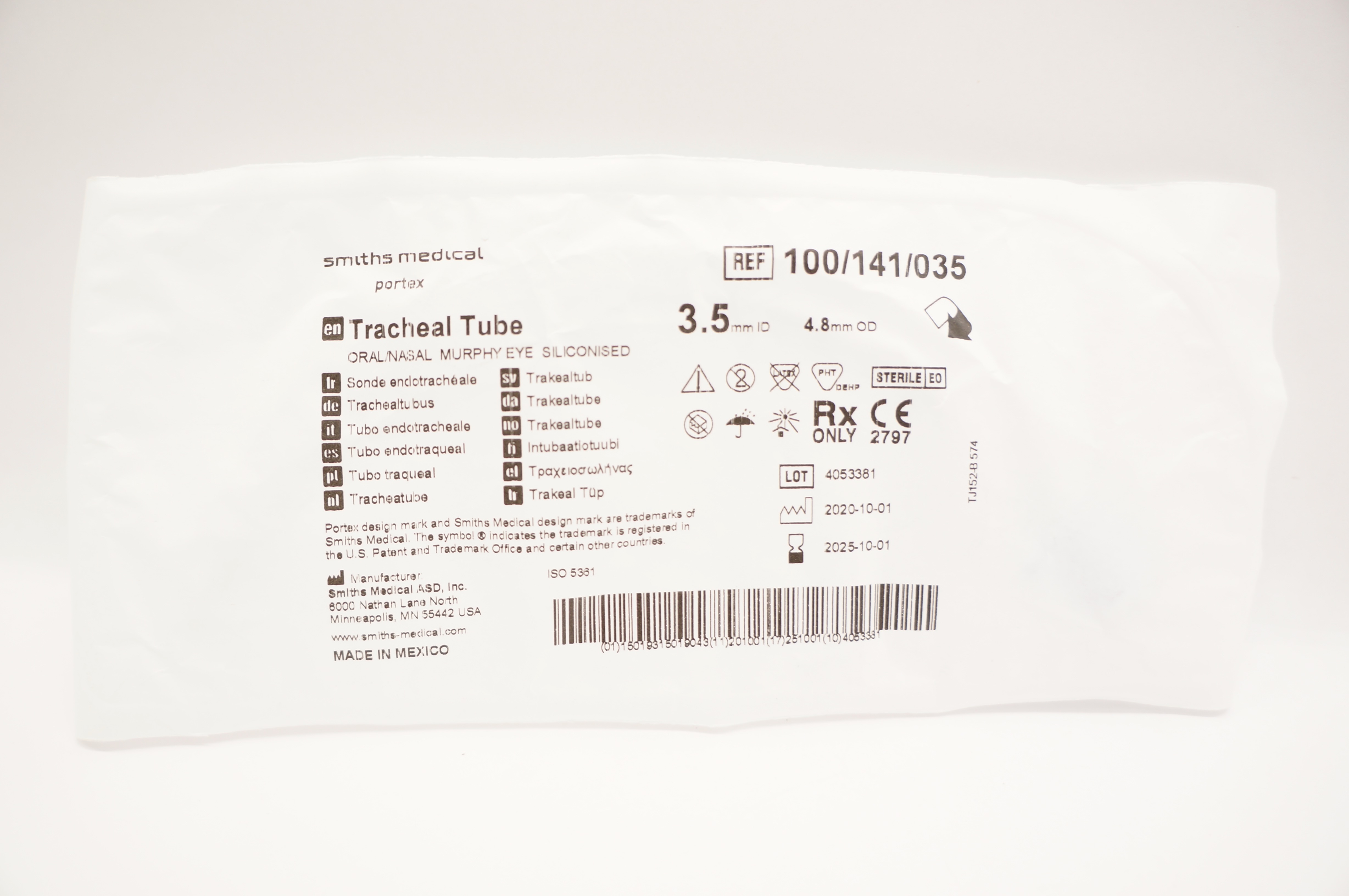 Smiths Medical 100/141/035 Portex Tracheal Tube Oral/Nasal 3.5 ID x 4.8mm OD