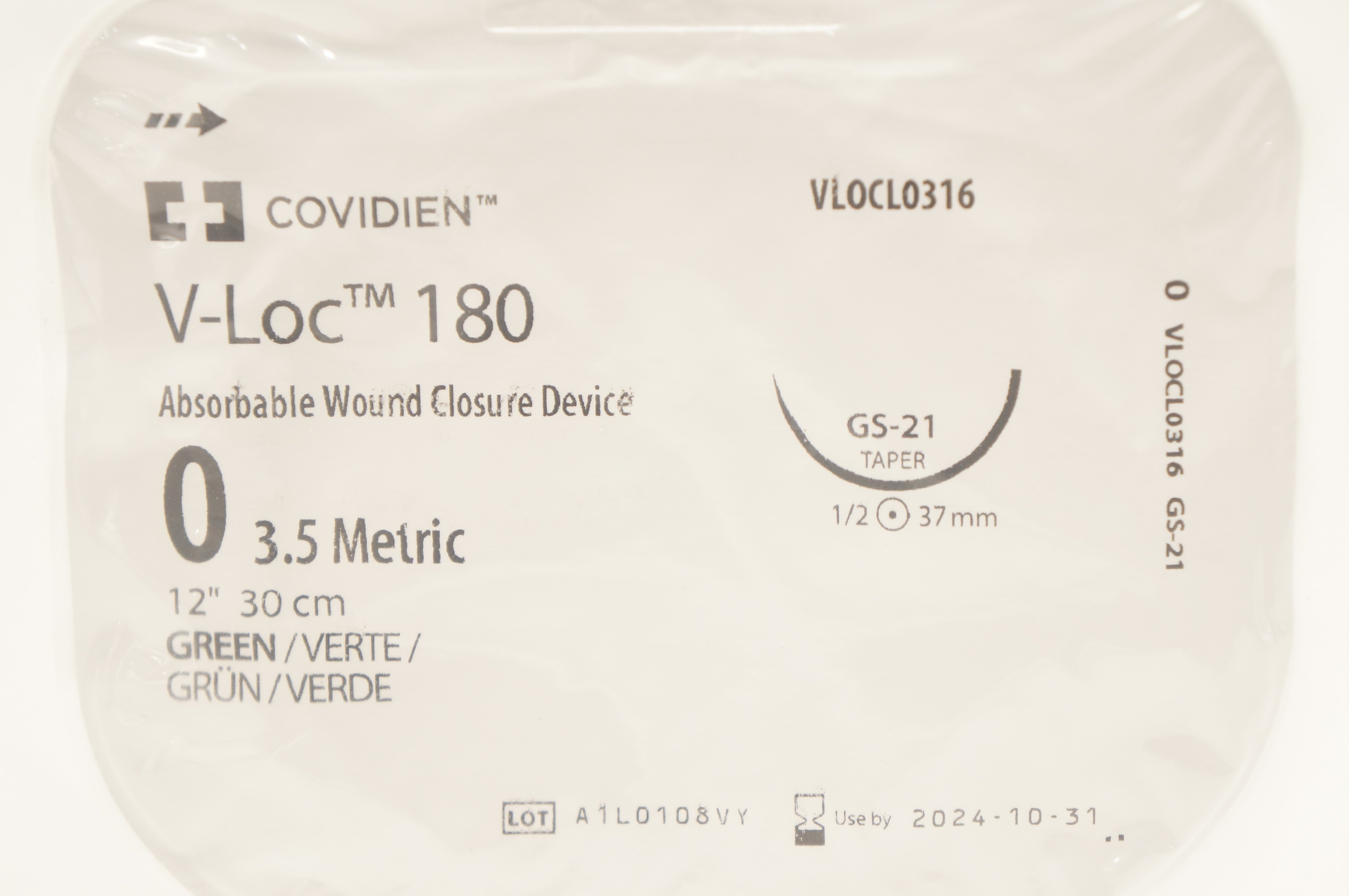 Covidien VLOCL0316 0 V-Loc 180 Wound Closure Device GS-21 Taper 1/2 37mm 12inch