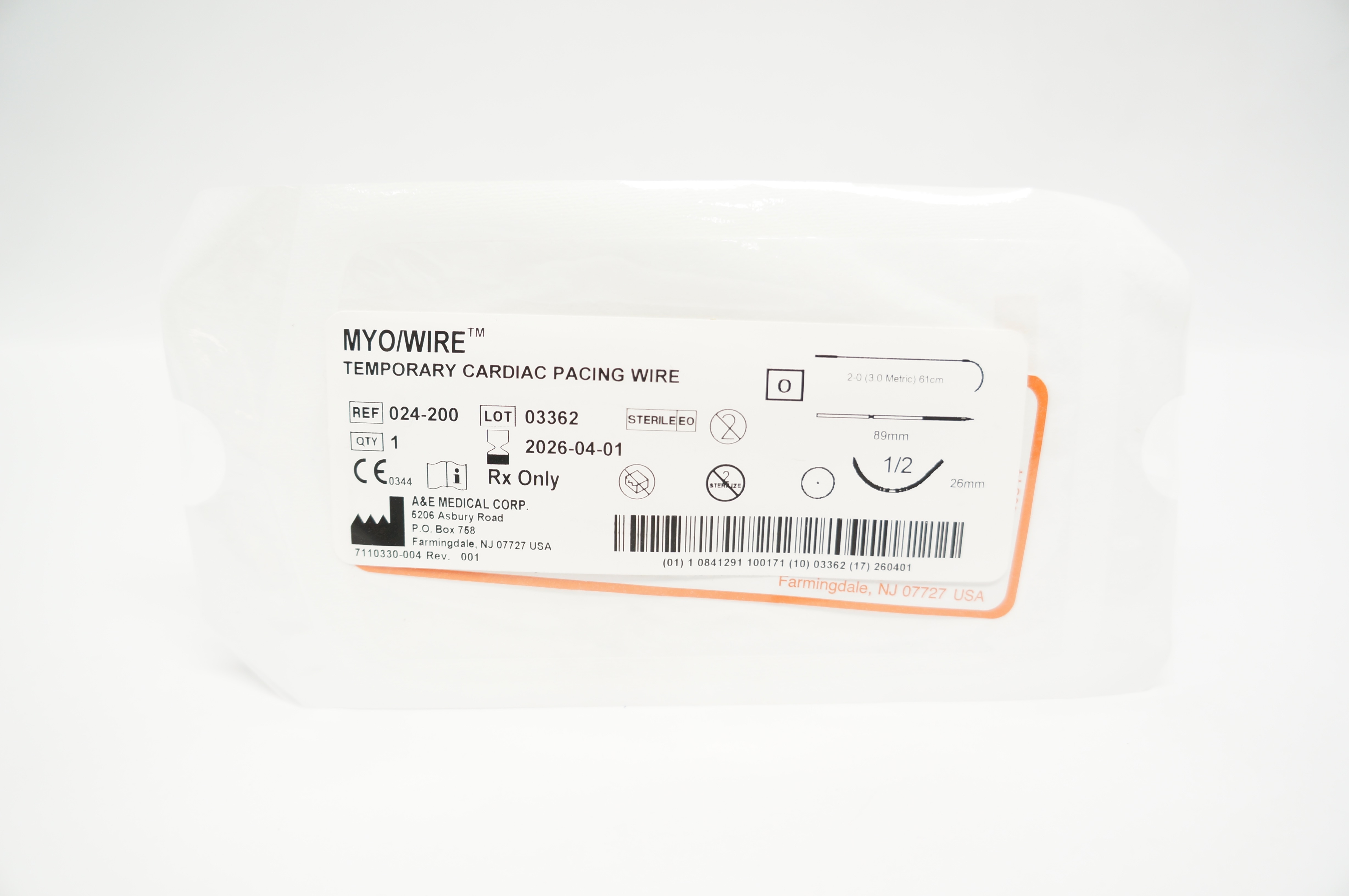 A&E Medical 024-200 2.0 Myo/Wire Temporary Cardiac Pacing Wire 1/2 26x 89mmx61cm