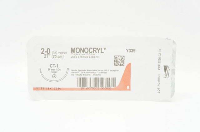 Ethicon Y339 2-0 MONOCRYL Poliglecaprone 25 Stre CT-1 36mm 1/2c Taper 27inch