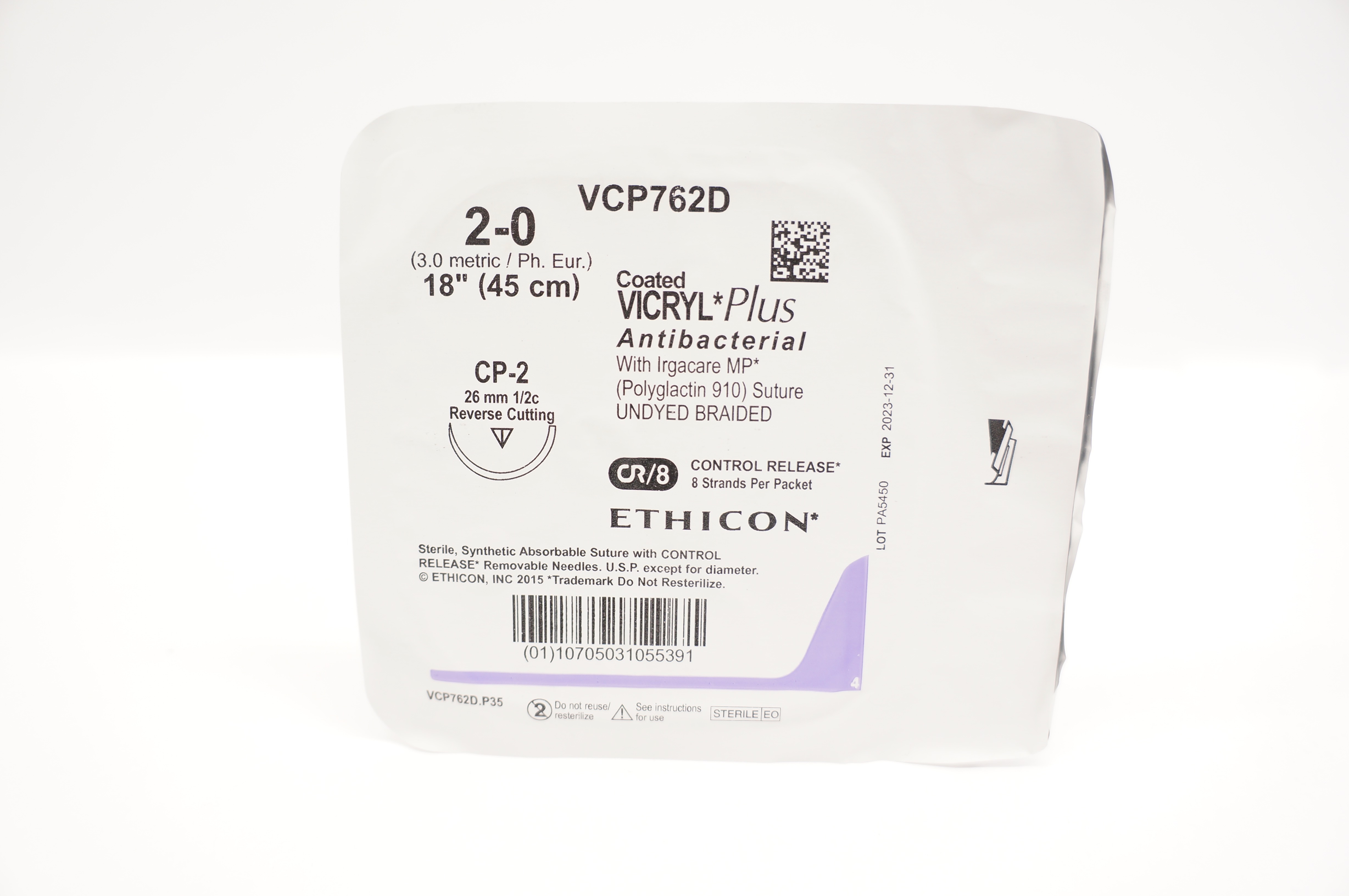 Ethicon VCP762D 2-0 Coated VICRYL Plus Stre CP-2 26mm 1/2c 18inch