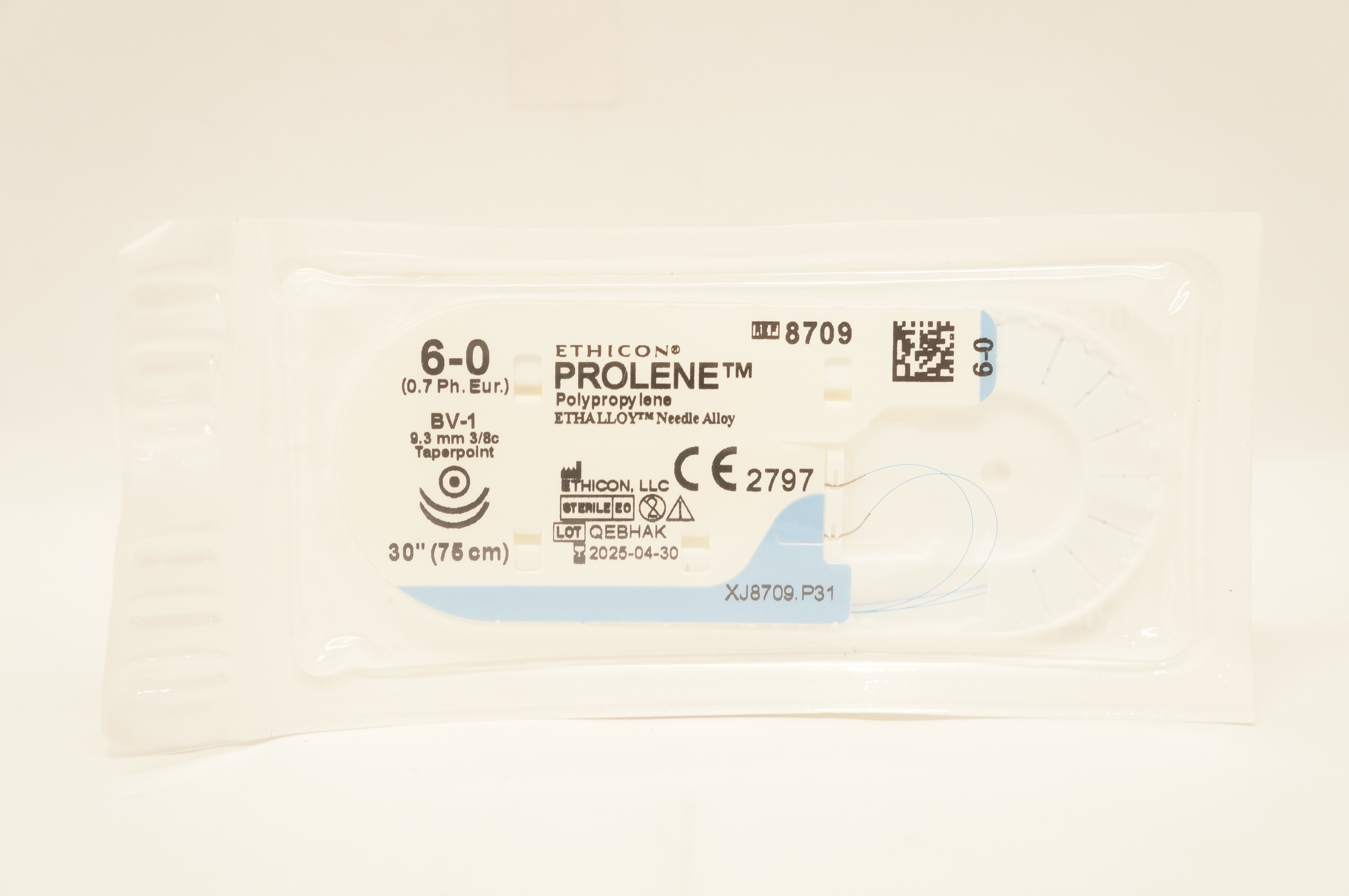 Ethicon 8709 6-0 PROLENE  BV-1 9.3mm 3/8c Taperpoint, 30inch