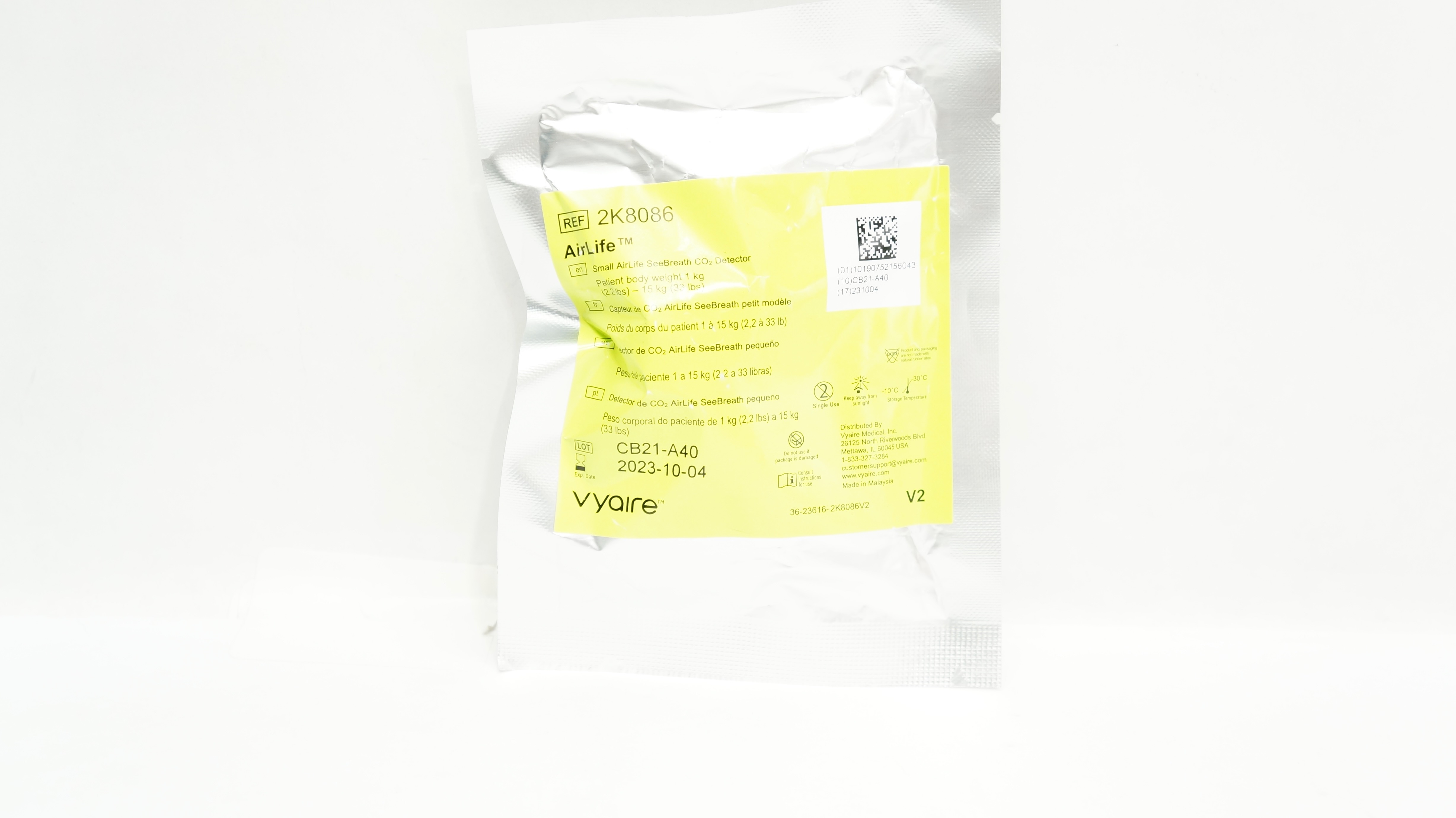 Vyaire 2K8086 AirLife Small SeeBreath CO2 Detector 2.2-33 lbs.