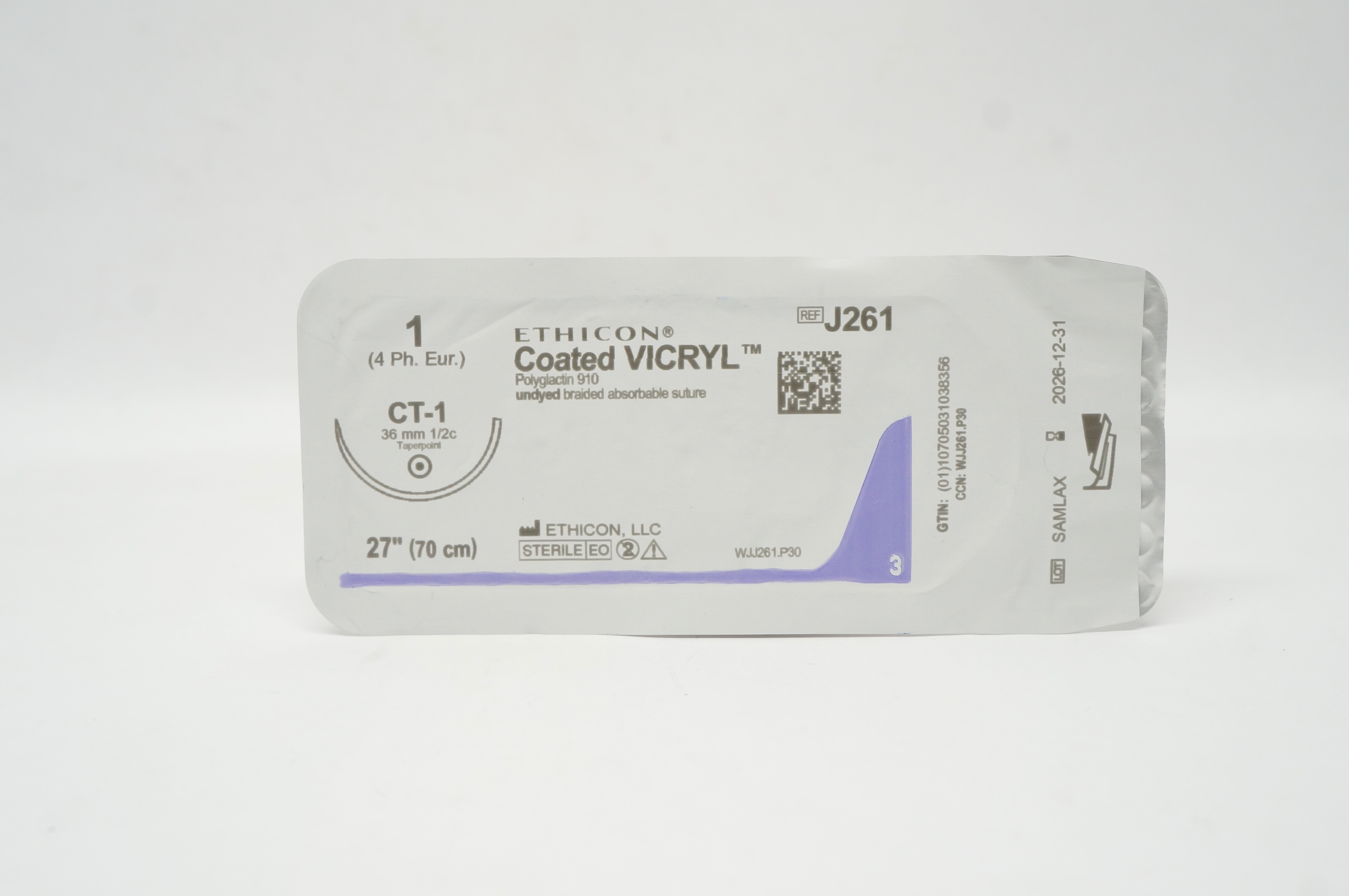 Ethicon J261 1 Coated VICRYL, CT-1 36mm 1/2c Taperpoint, 27inch