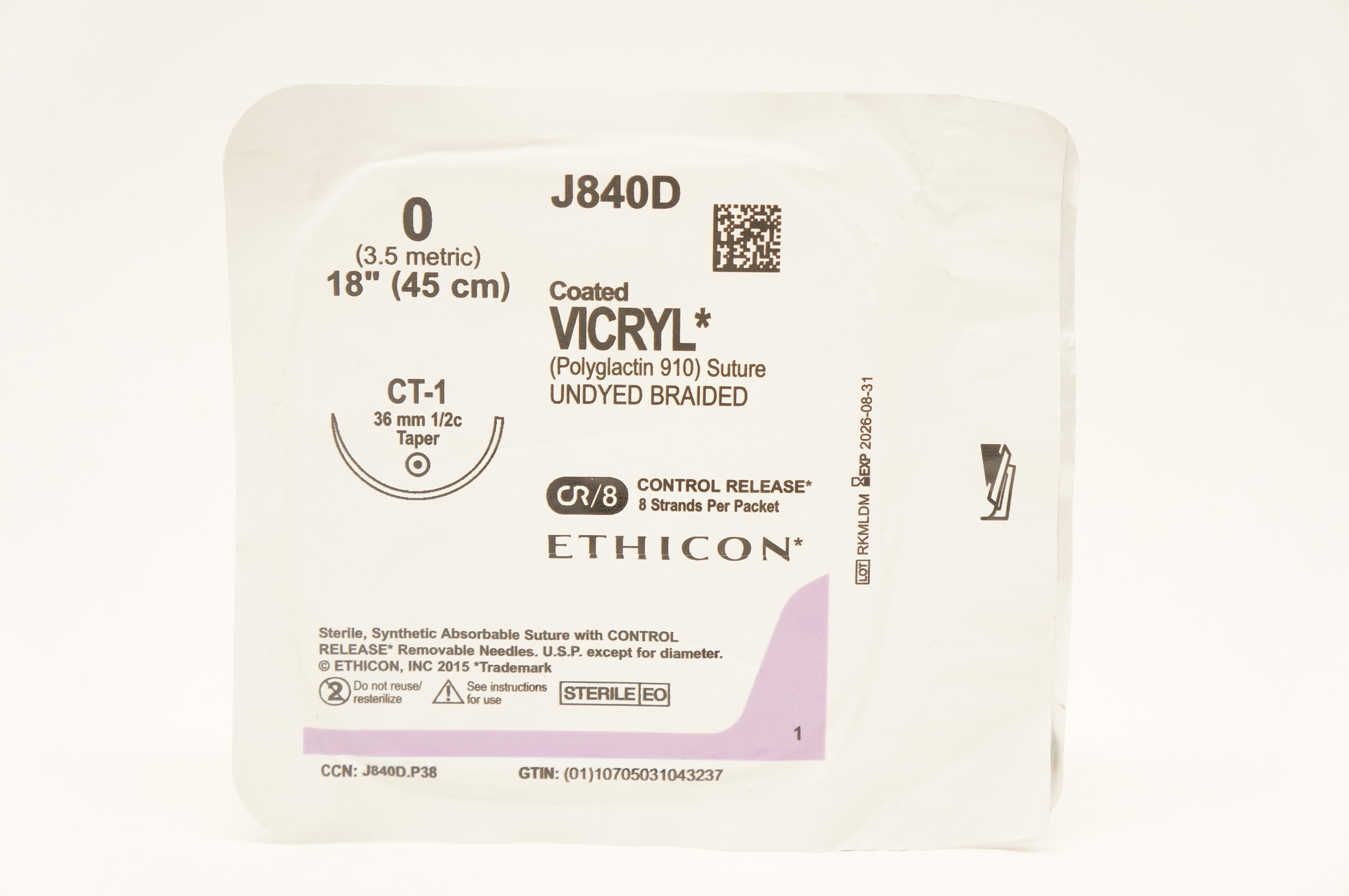 Ethicon J840D 0 Coated VICRYL Polyglactin 910 Stre CT-1 36mm 1/2c Taper, 18inch