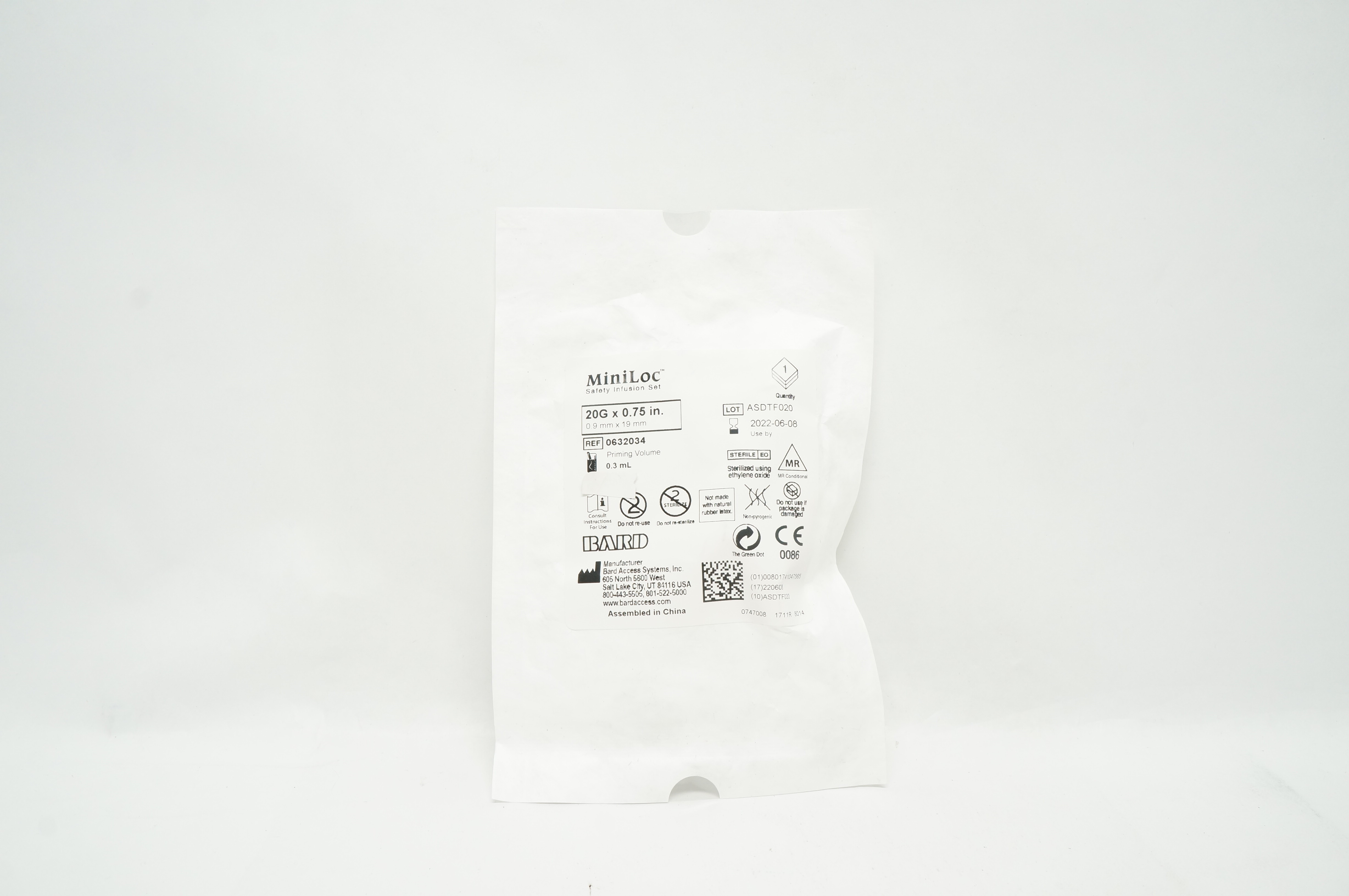 Bard 0632034 MiniLoc Safety Infusion Set 20G x 0.75inch, Priming Vol. 0.3ml (x)