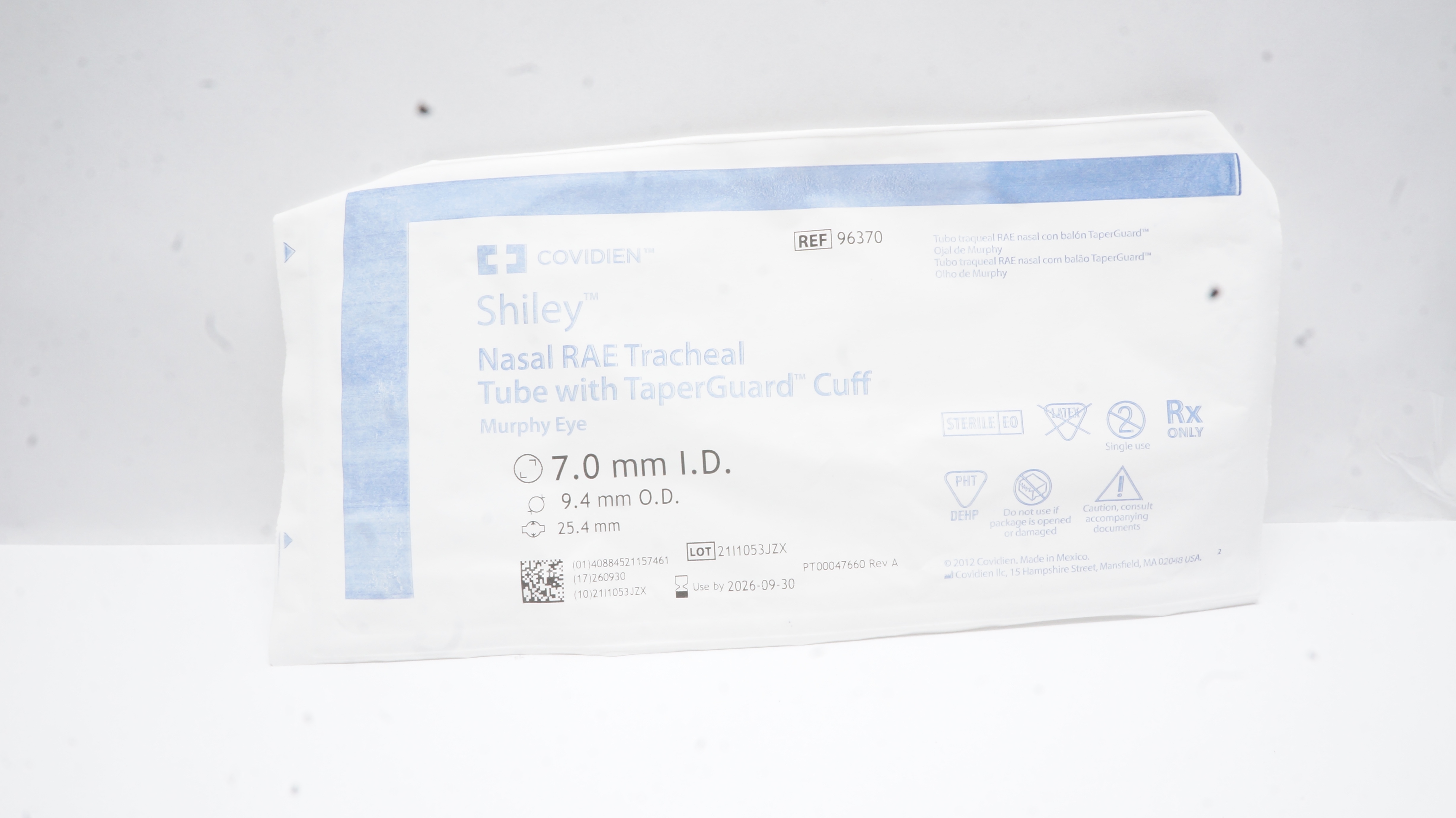 Covidien 96370 Shiley Nasal RAE Tracheal Tube w/Cuff 7.0 ID x 9.4OD x 25.4mm