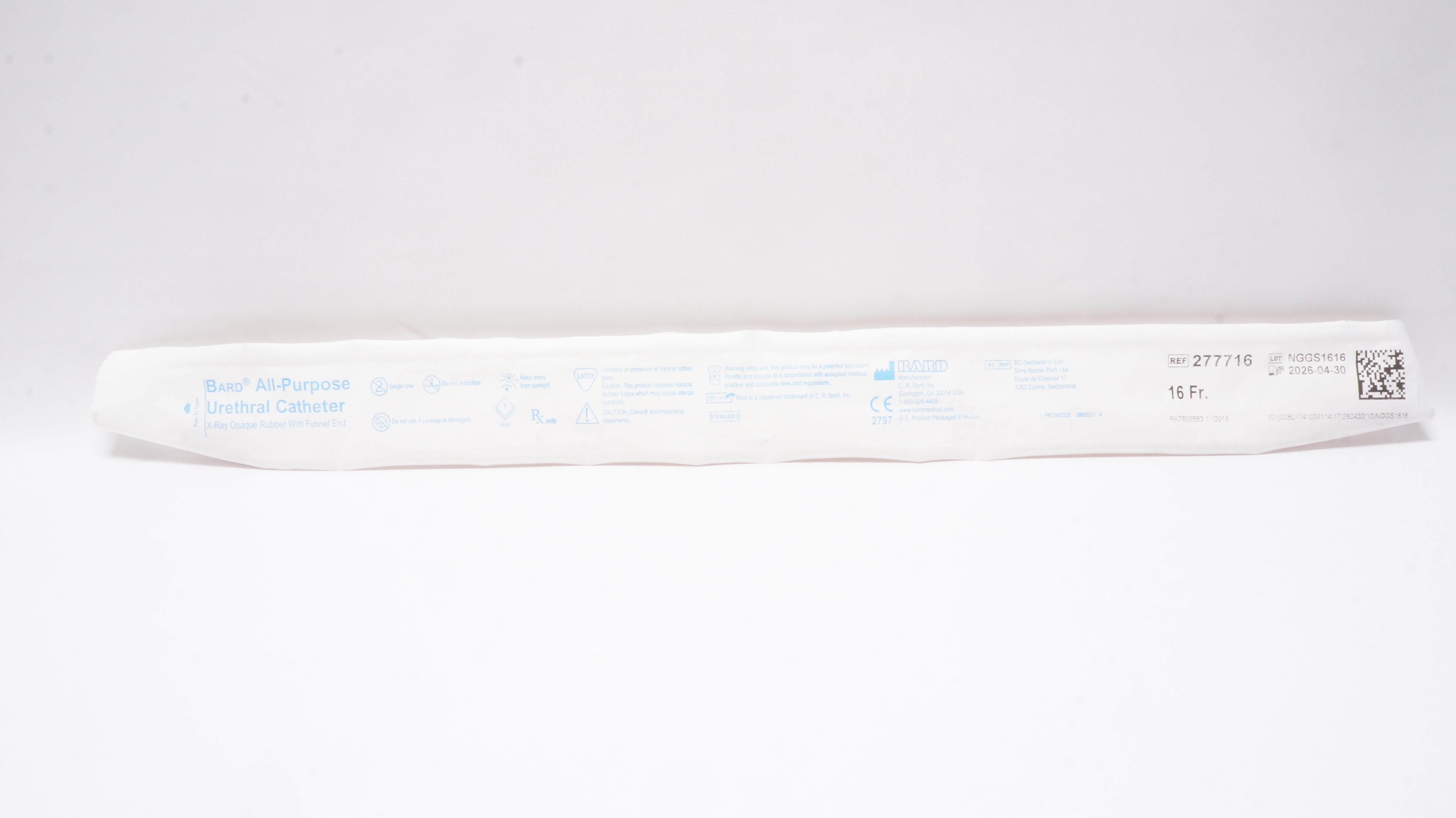 Bard 277716 All-Purpose Urethral Cath. 16 Fr X-Ray Opaque Rubber w/Funnel End