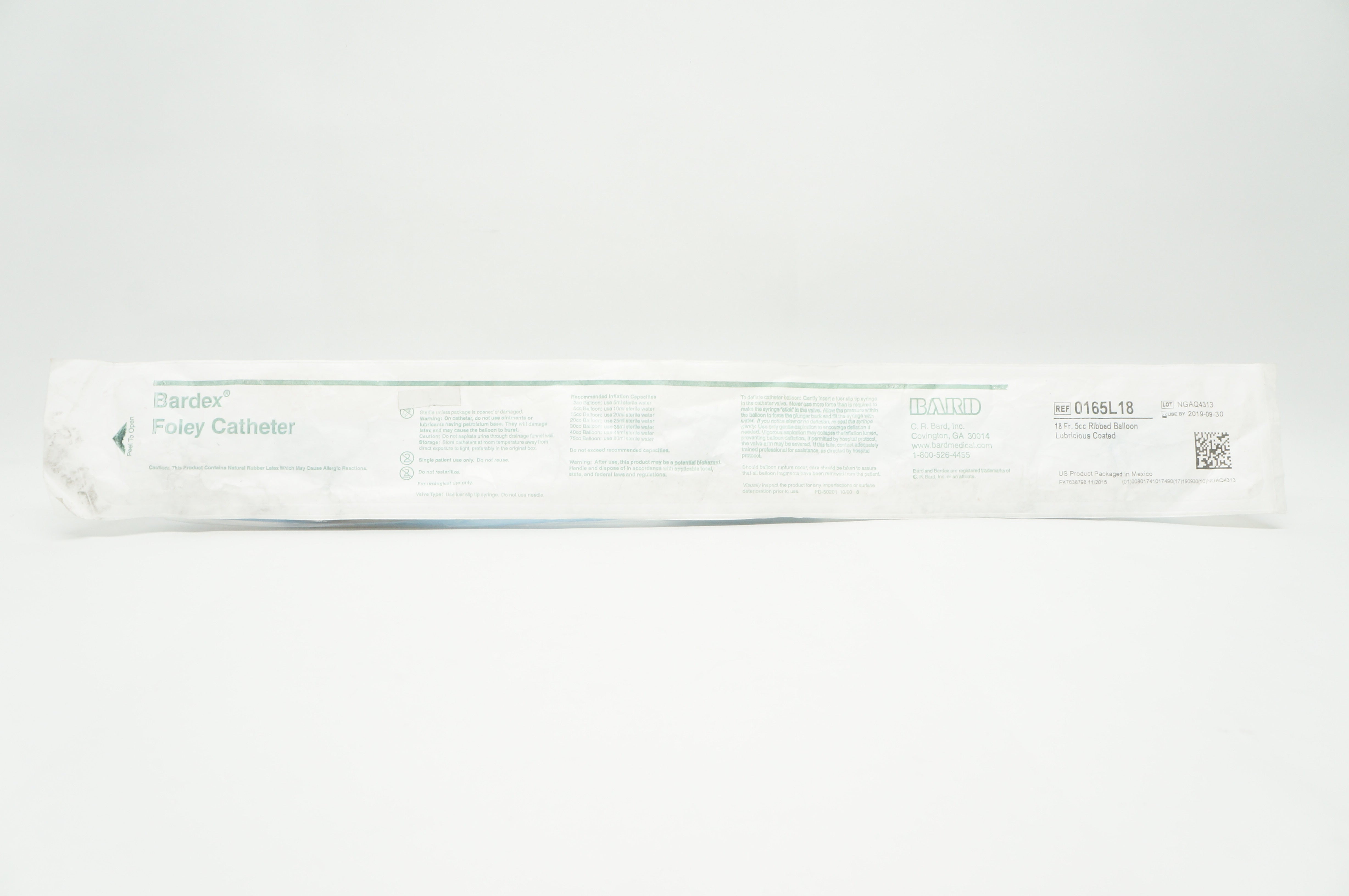 Bard 0165L18 Bardex Foley Cath. 18 Fr. 5cc Ribbed Balloon Lubricious Coated (x)