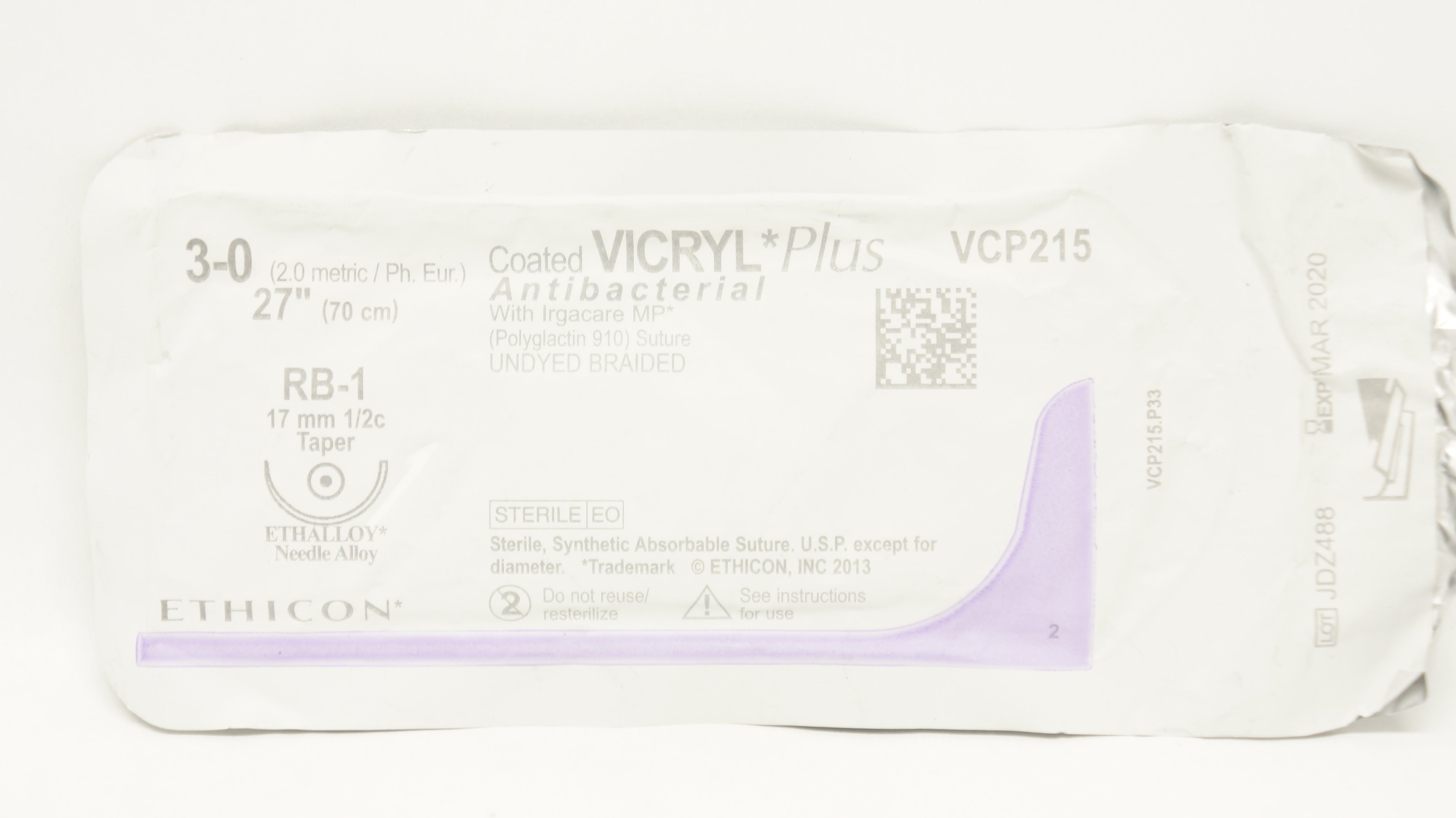 Ethicon VCP215 3-0 Coated VICRYL Plus Stre RB-1 17mm 1/2c Taper, 27inch (x)