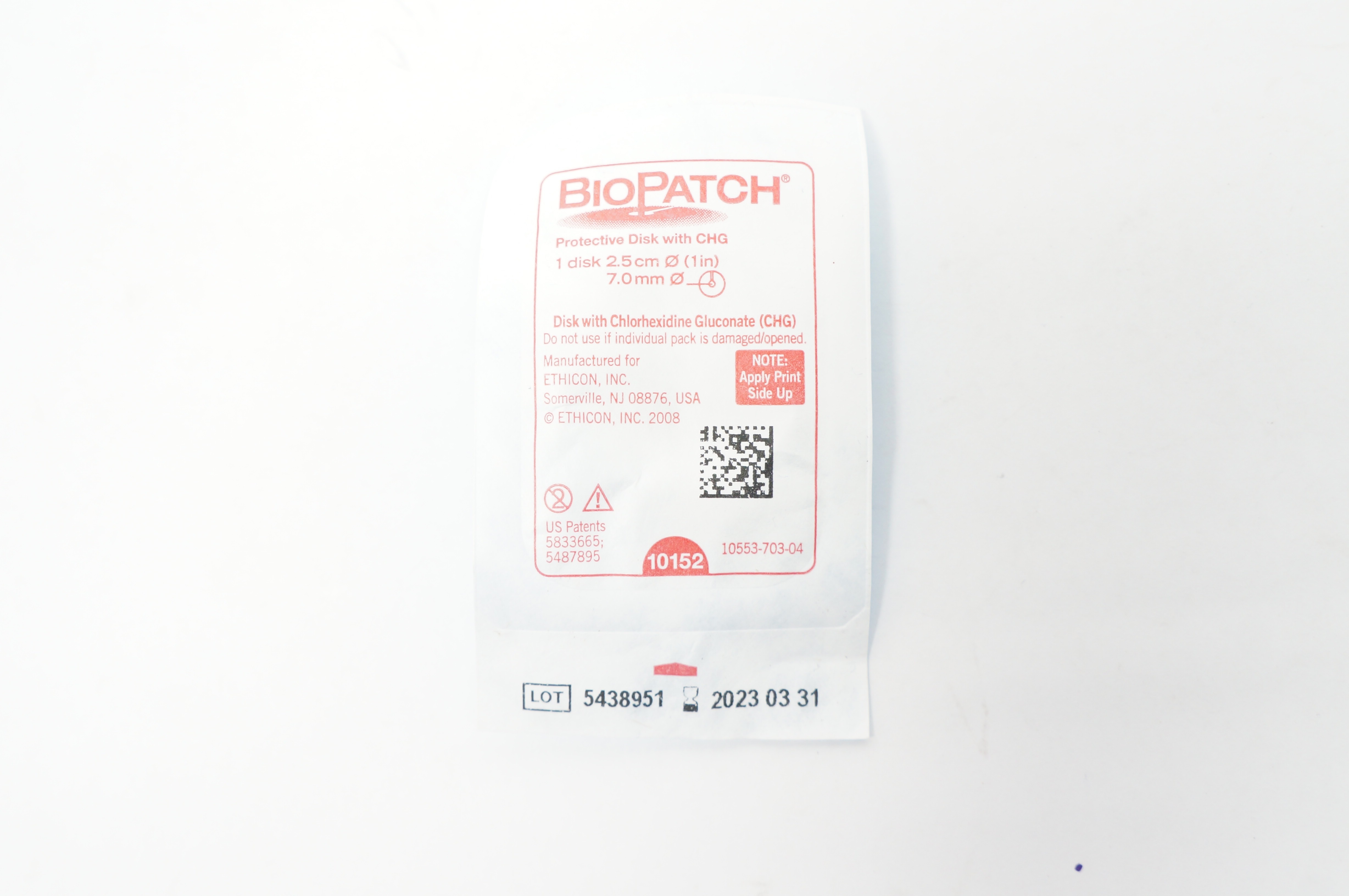 Ethicon 10152 BioPatch Protevtive Disk with CHG 2.5cm x 7mm