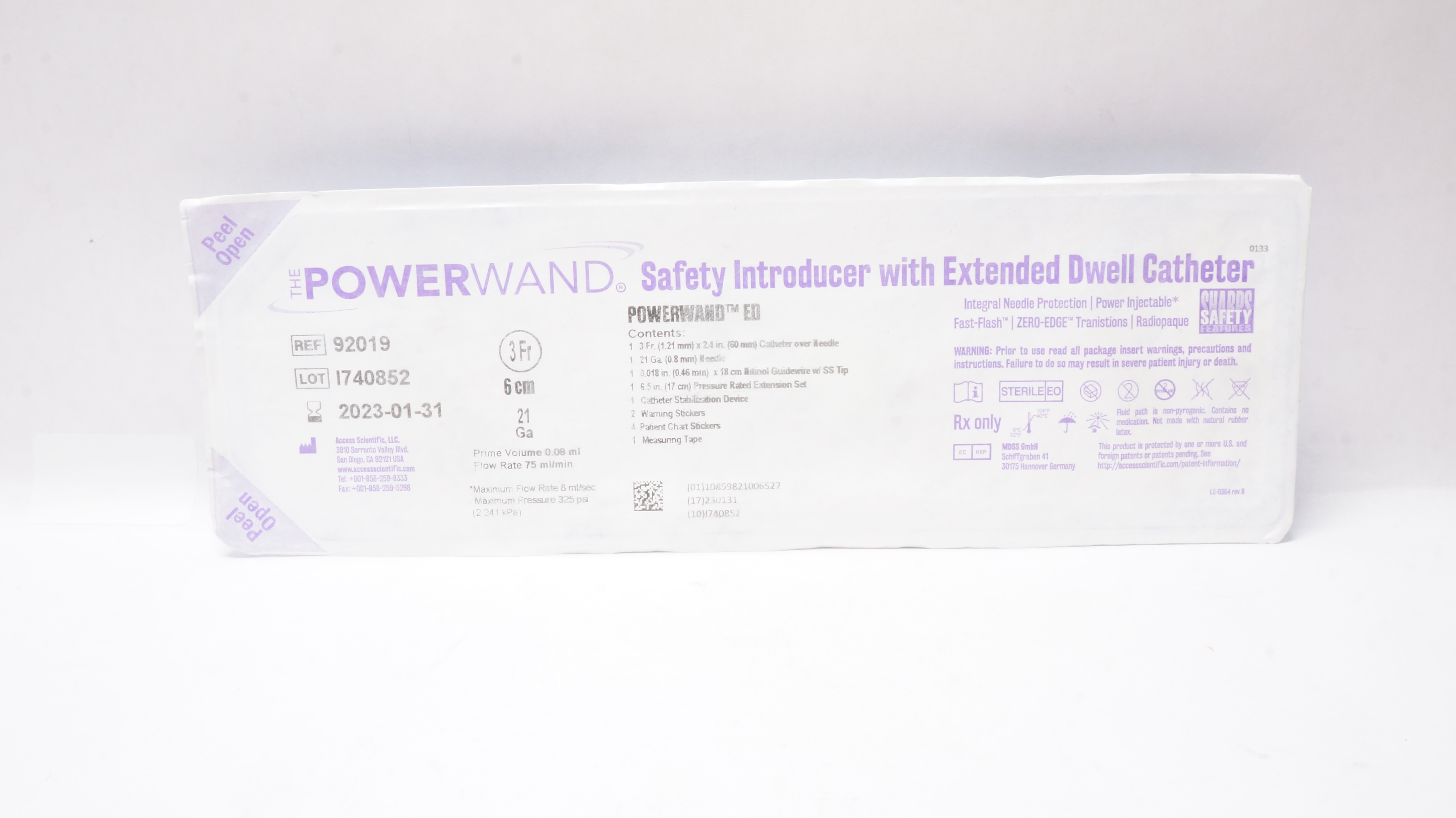 Access Scientific 92019 Powerwand Safety Introducer w/Cath. 3Fr x 6cm x 21Ga (x)