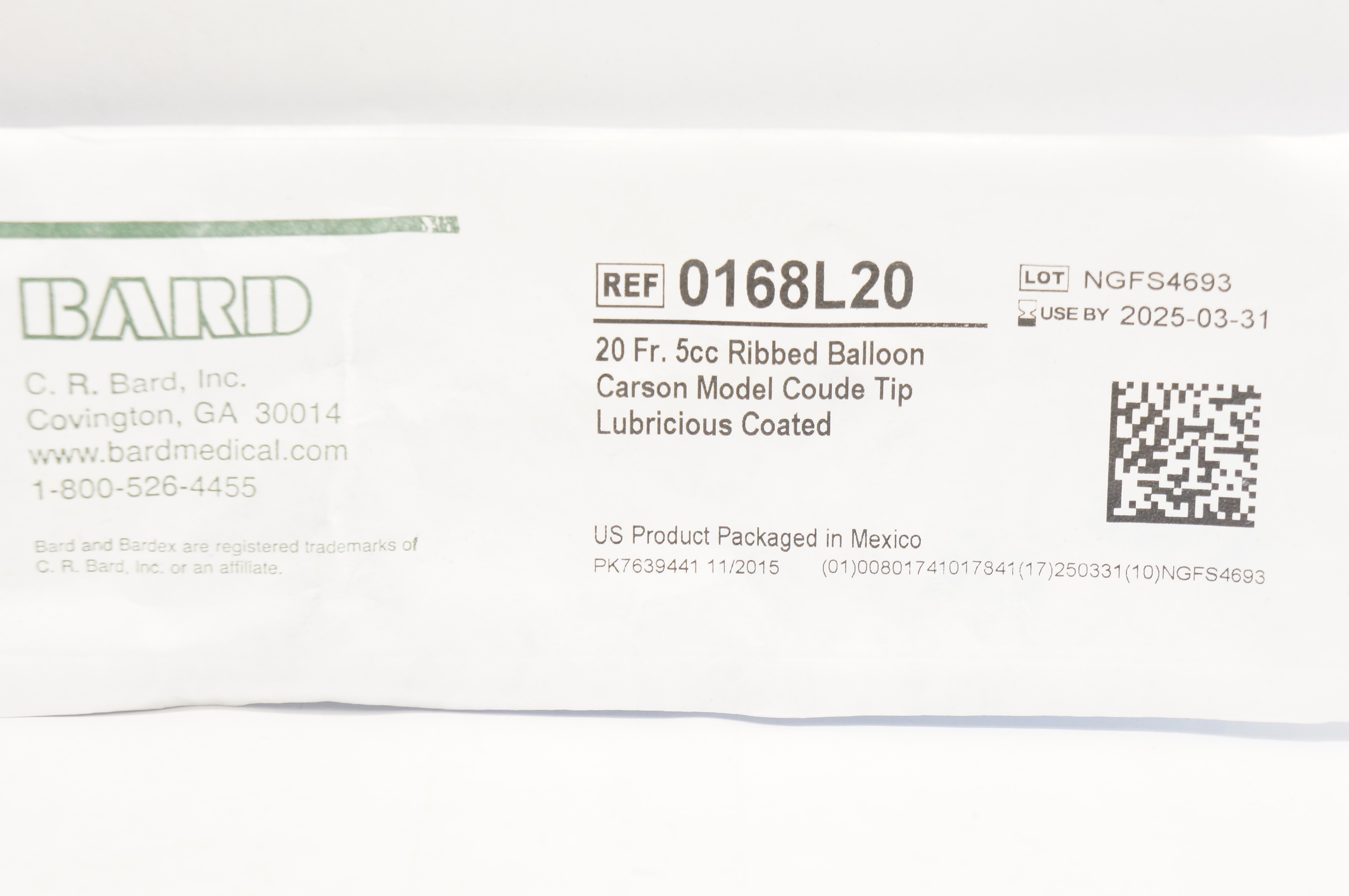 Bard 0168L20 Bardex Foley Cath. 20Fr. 5cc Ribbed Balloon