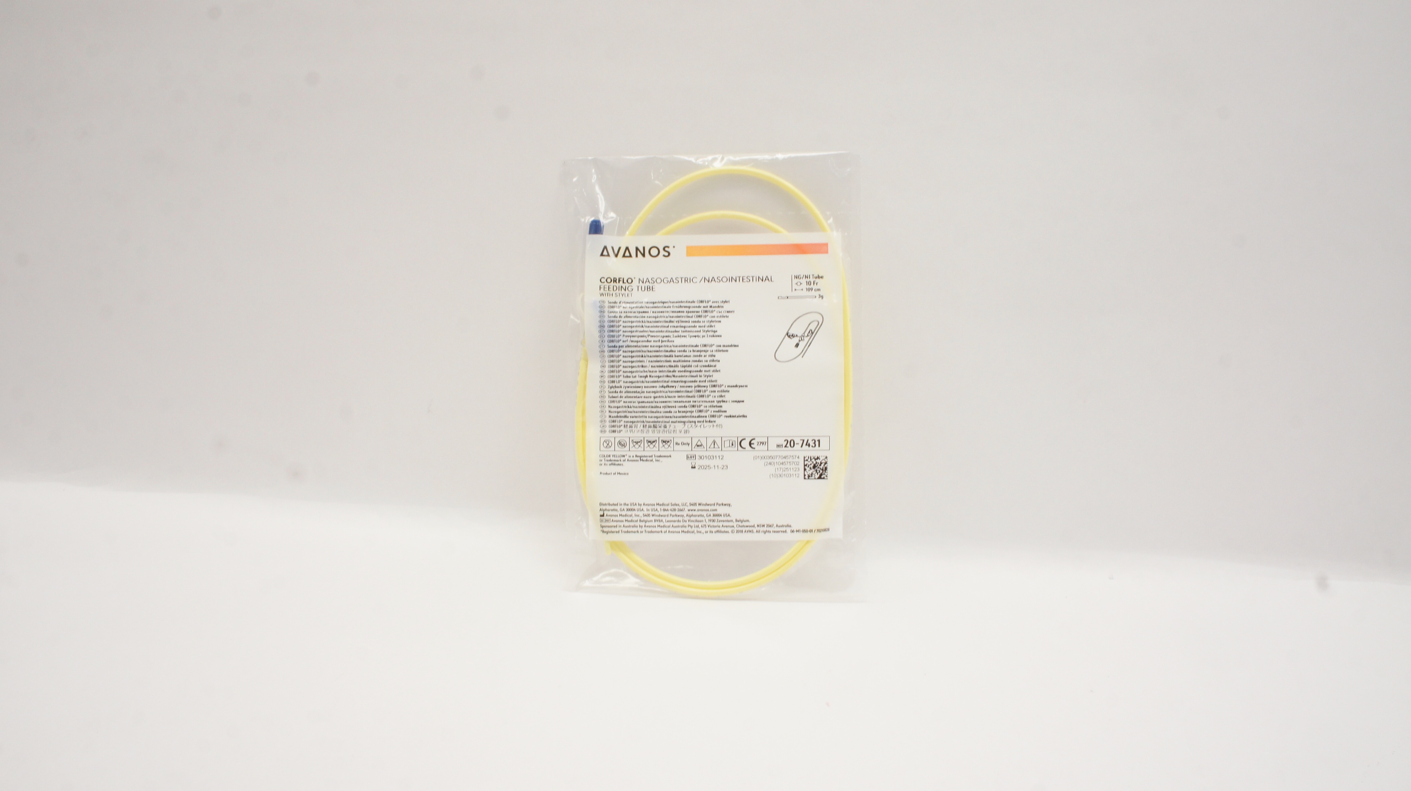 Avanos 20-7431 Corflo NG/NI Feeding Tube w/Stylet 10Fr x 109cm