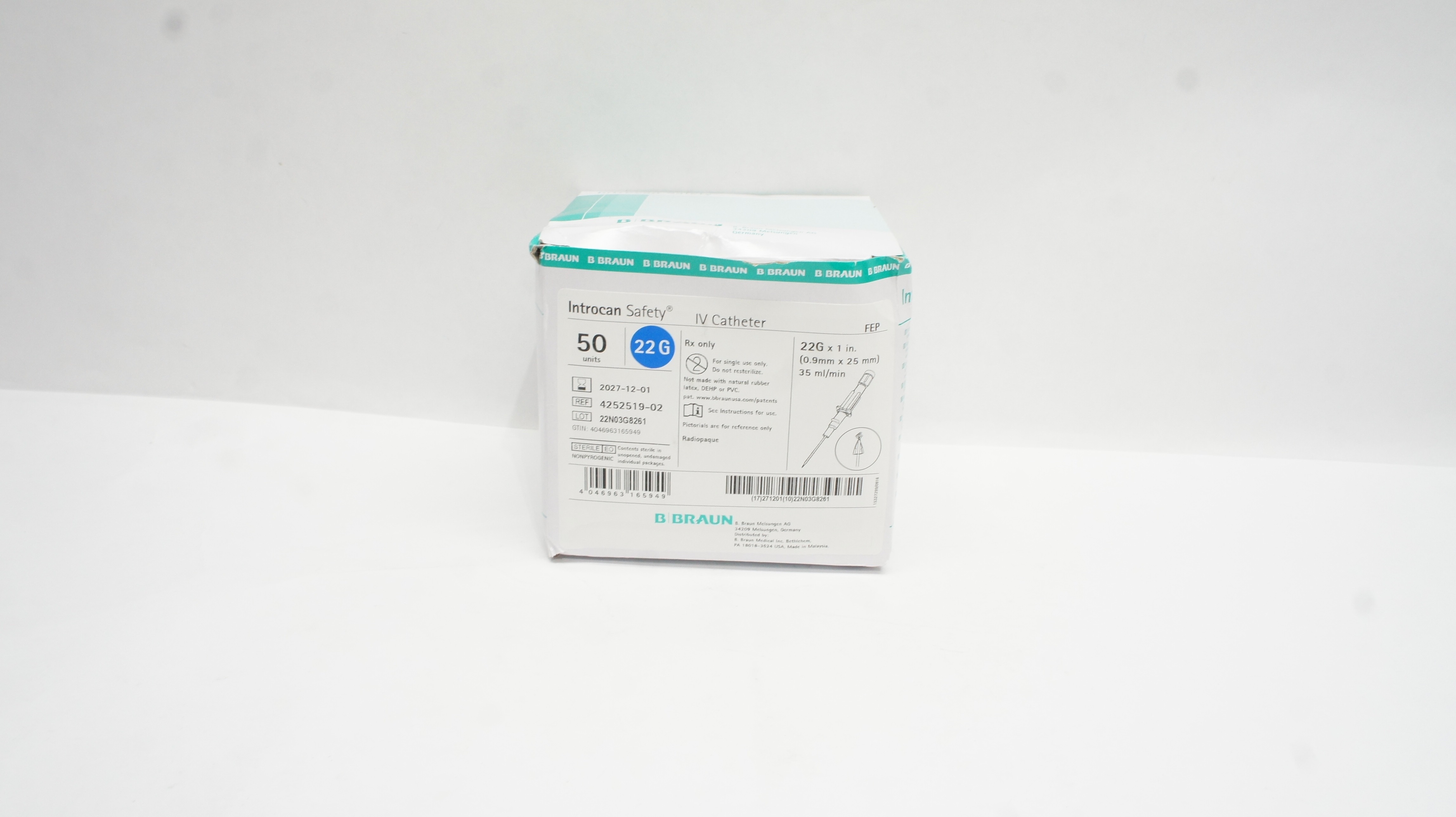 Braun 4252519-02 Introcan Safety IV Cath. 22G x 1inch x 35ml/min - Box of 50