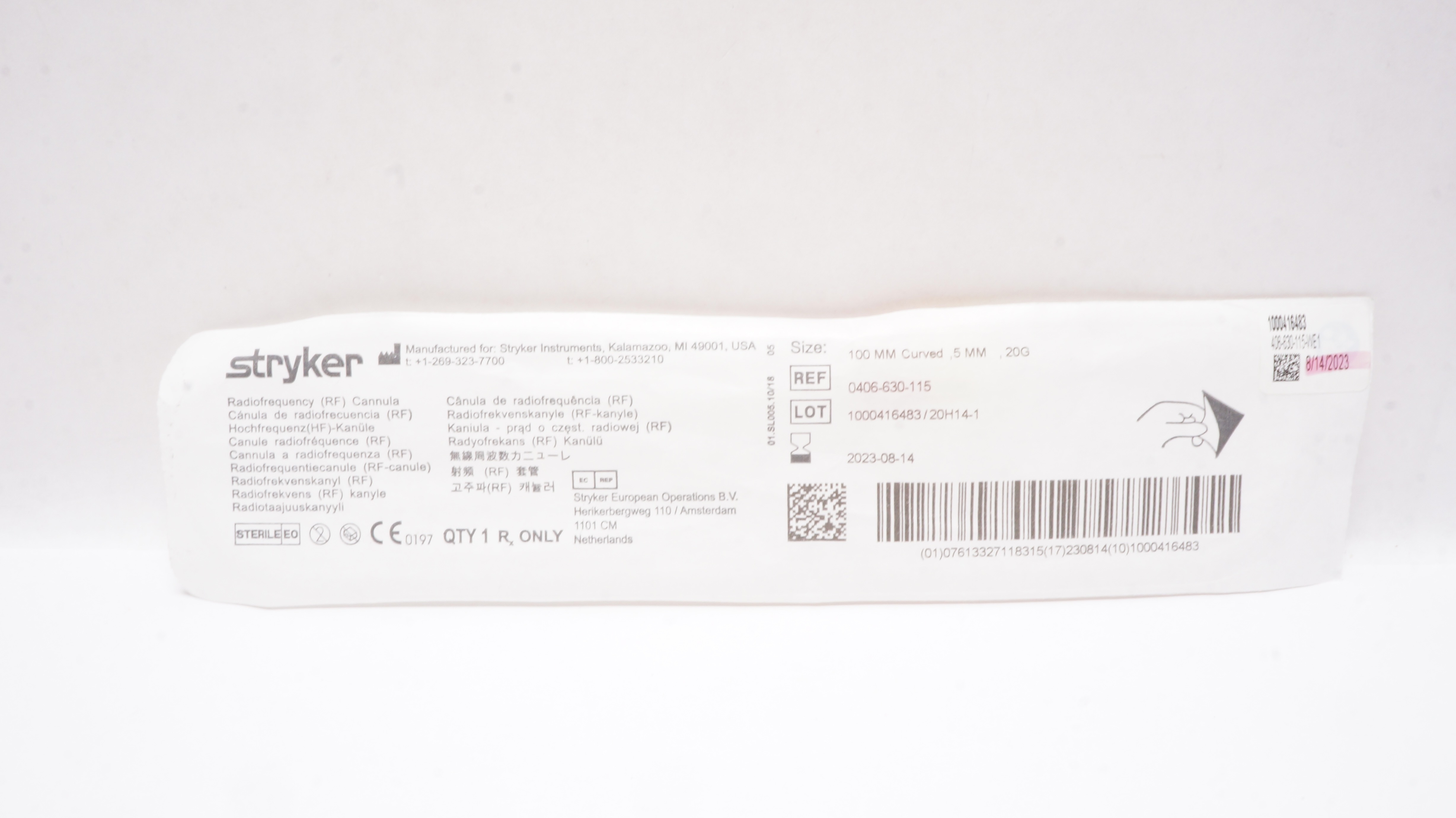 Stryker 0406-630-115 Curved Cannula 100mm x 20G x 5mm