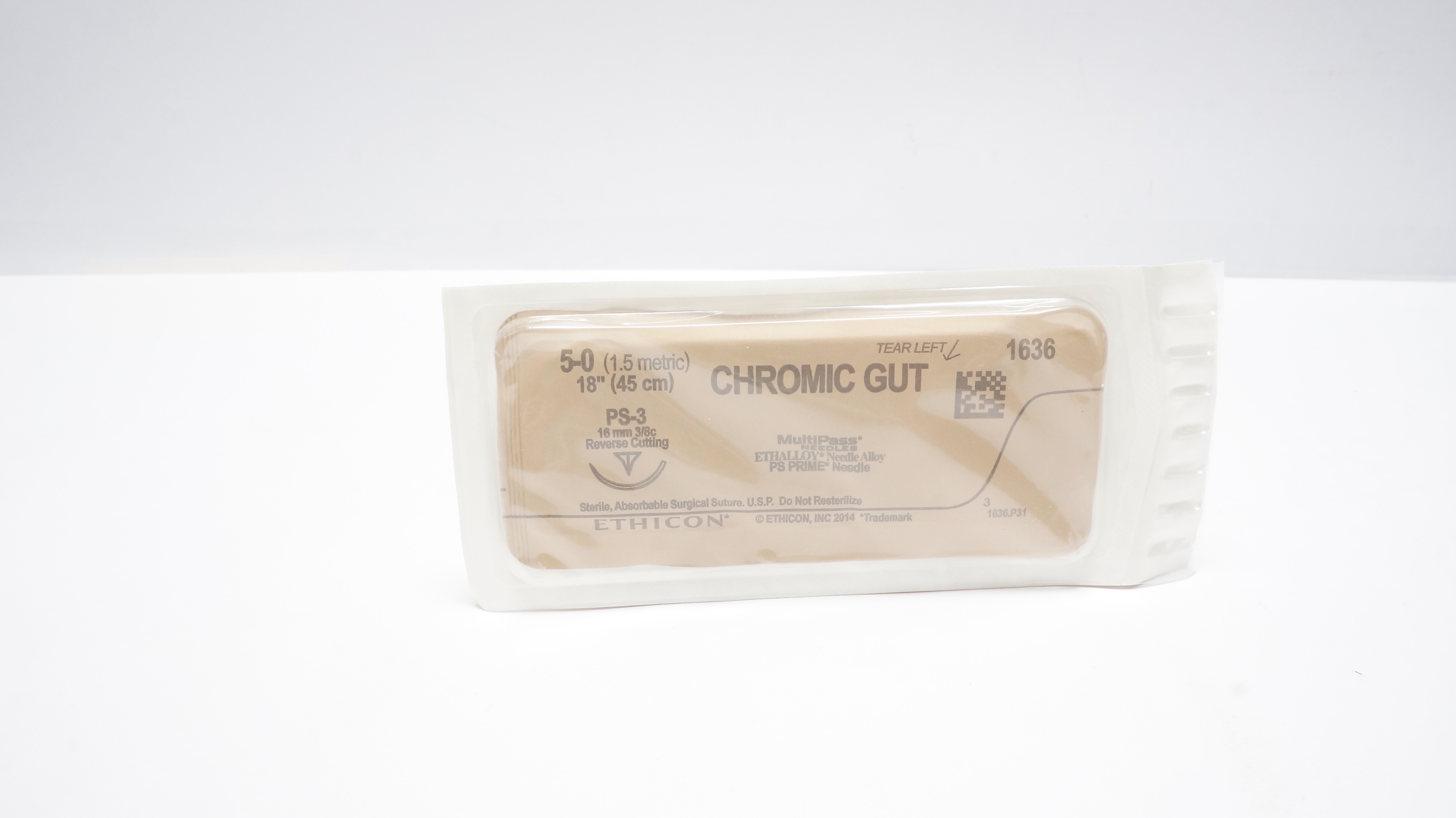 Ethicon 1636 5-0 Chromic Gut Stre PS-3 16mm 3/8c Reverse Cutting 18inch (x)