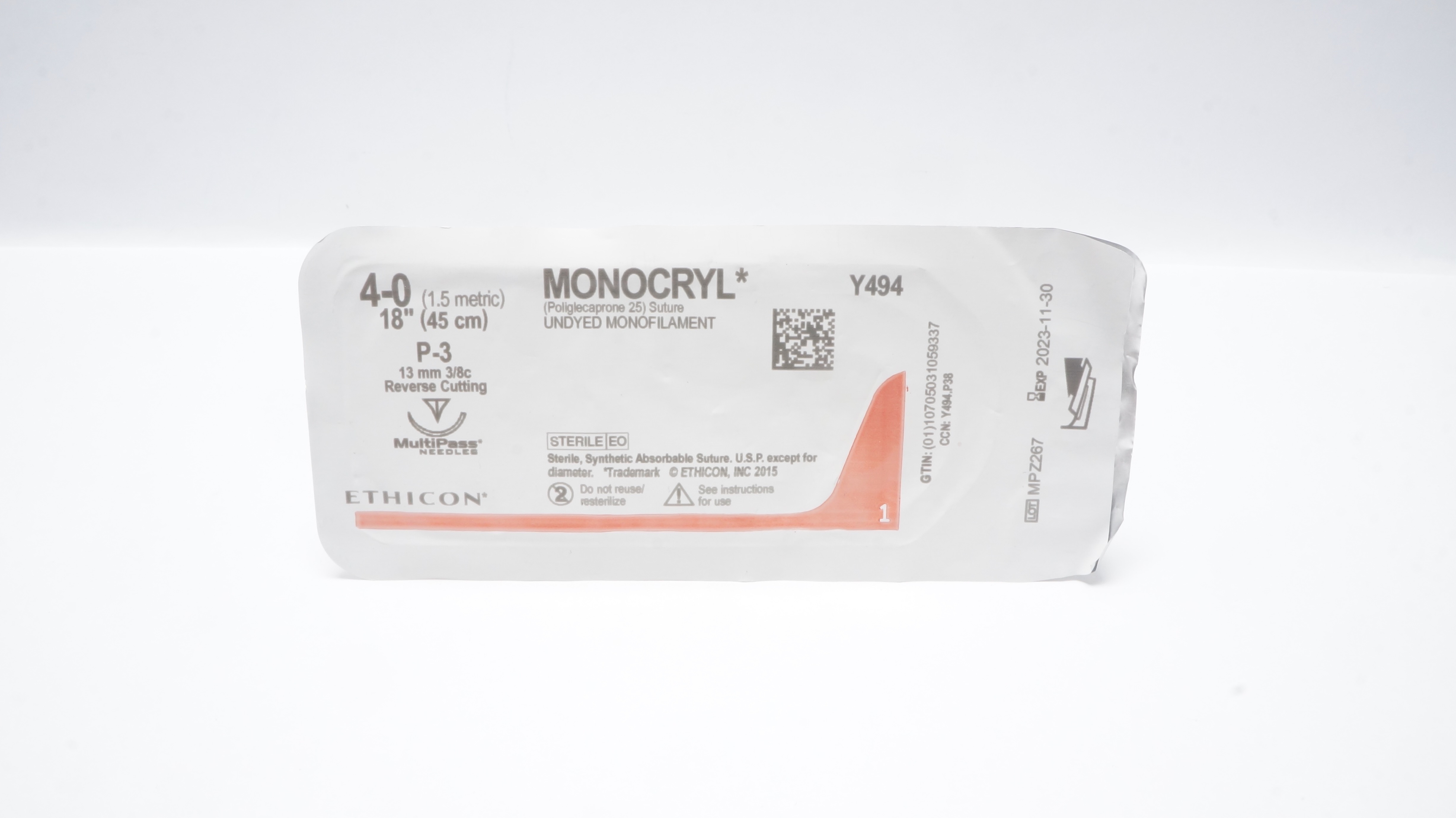 Ethicon Y494 4-0 MONOCRYL Undyed Stre P-3 13mm 3/8c Reverse Cutting, 18inch (x)