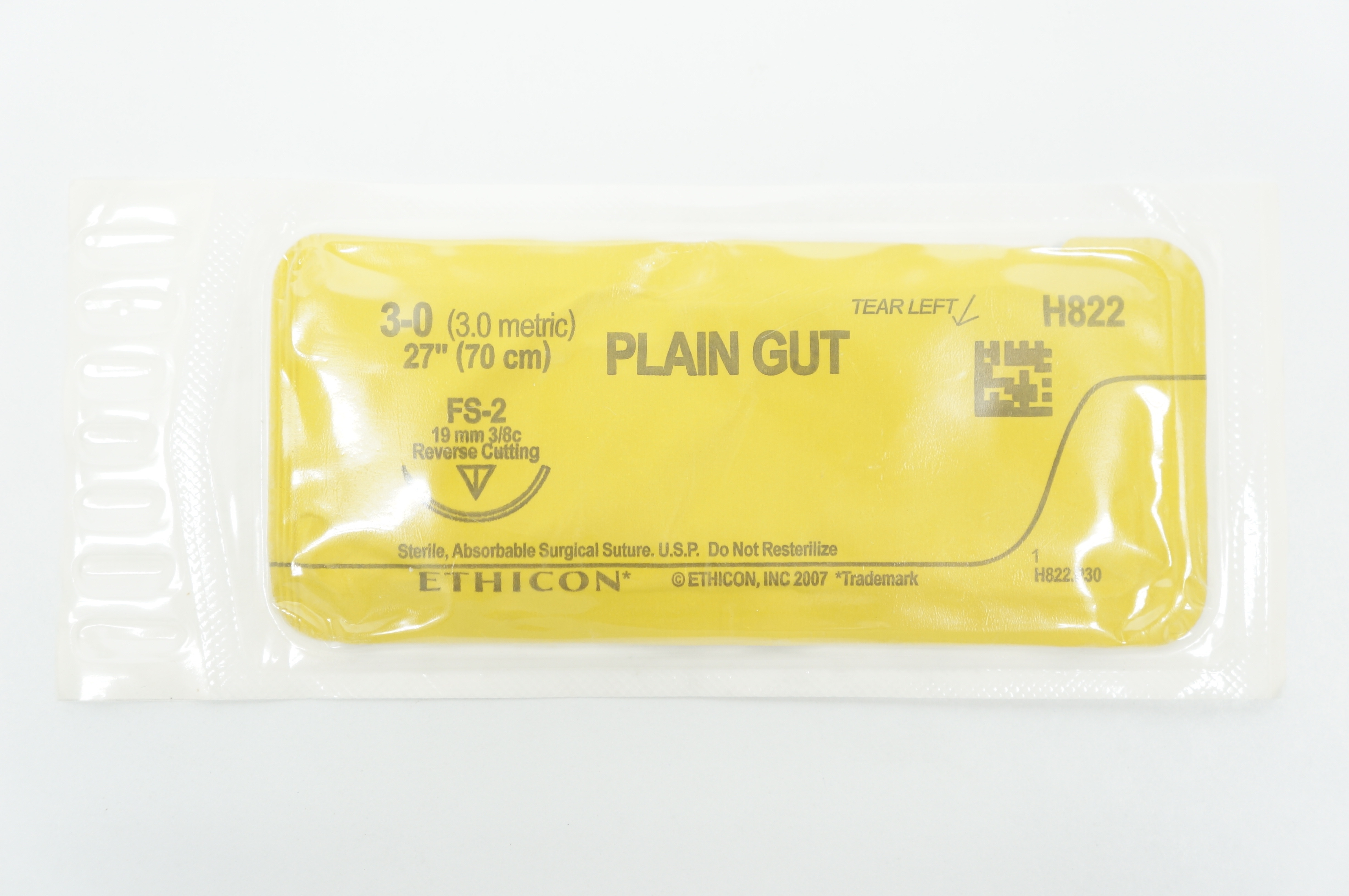 Ethicon H822 3-0 Plain Gut, FS-2 19mm 3/8c Reverse Cutting, 27inch
