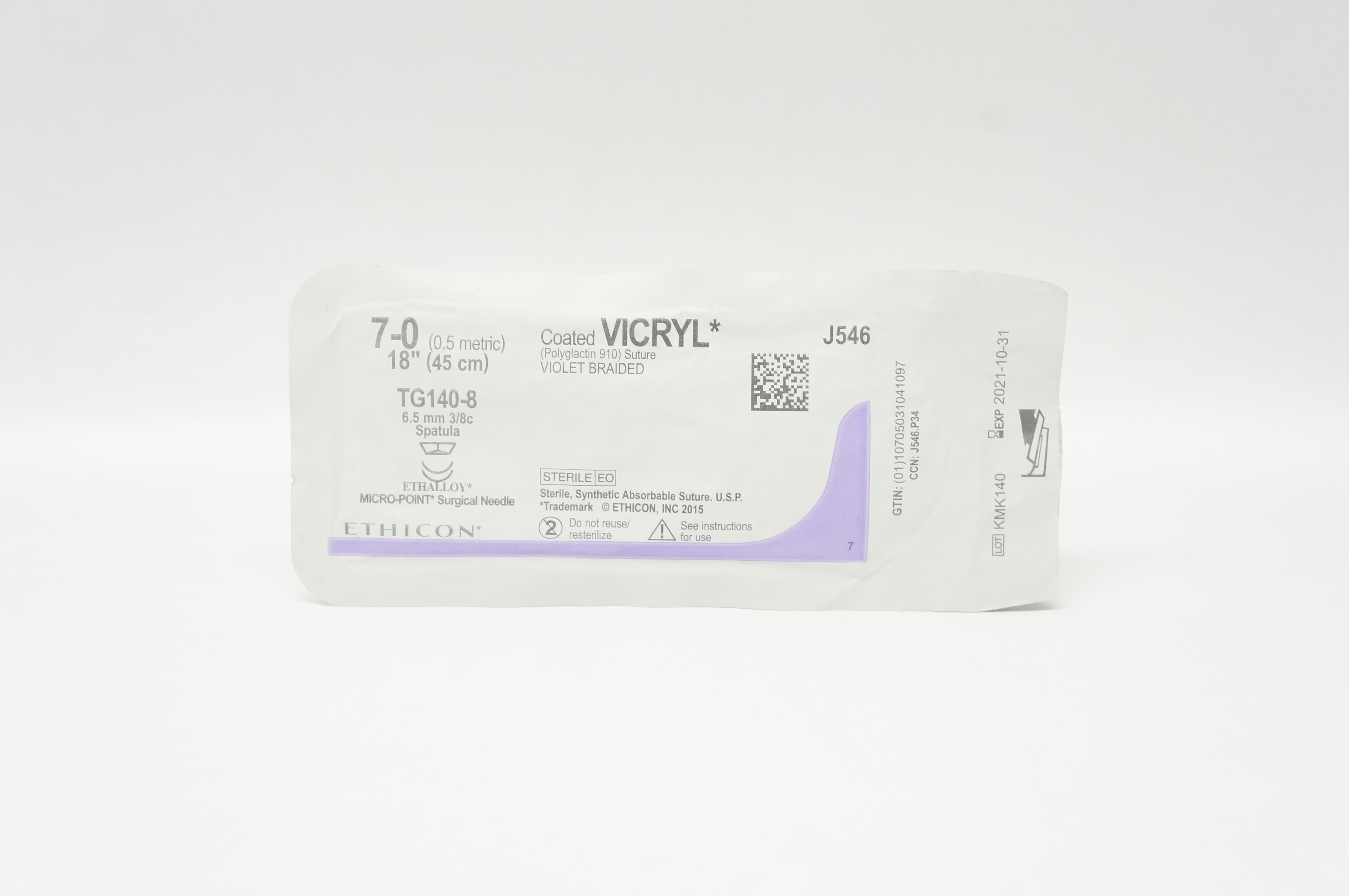 Ethicon J546 7-0 Coated Vicryl Stre TG140-8 6.5mm 3/8c Spatula 18inch (x)
